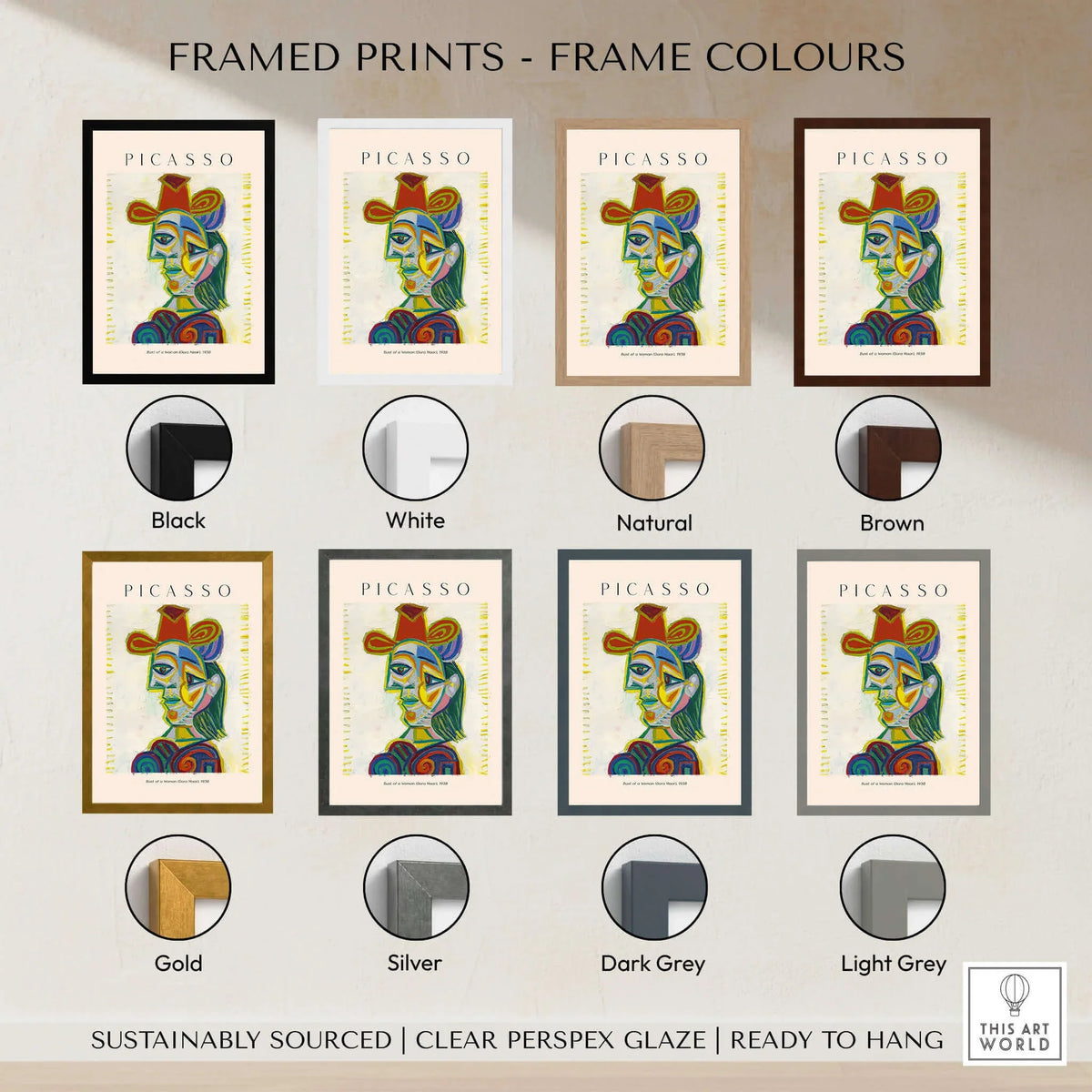 Framed options for Picasso Bust Woman Dora Maar 1938 Portrait Art Print Colorful Cubist Poster Wall Art in various colors.