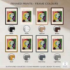 Framed prints showcasing Picasso Marie Thérèse Red Beret Pompom 1937 Portrait Art Print Cubist Poster Colorful frame colors options.