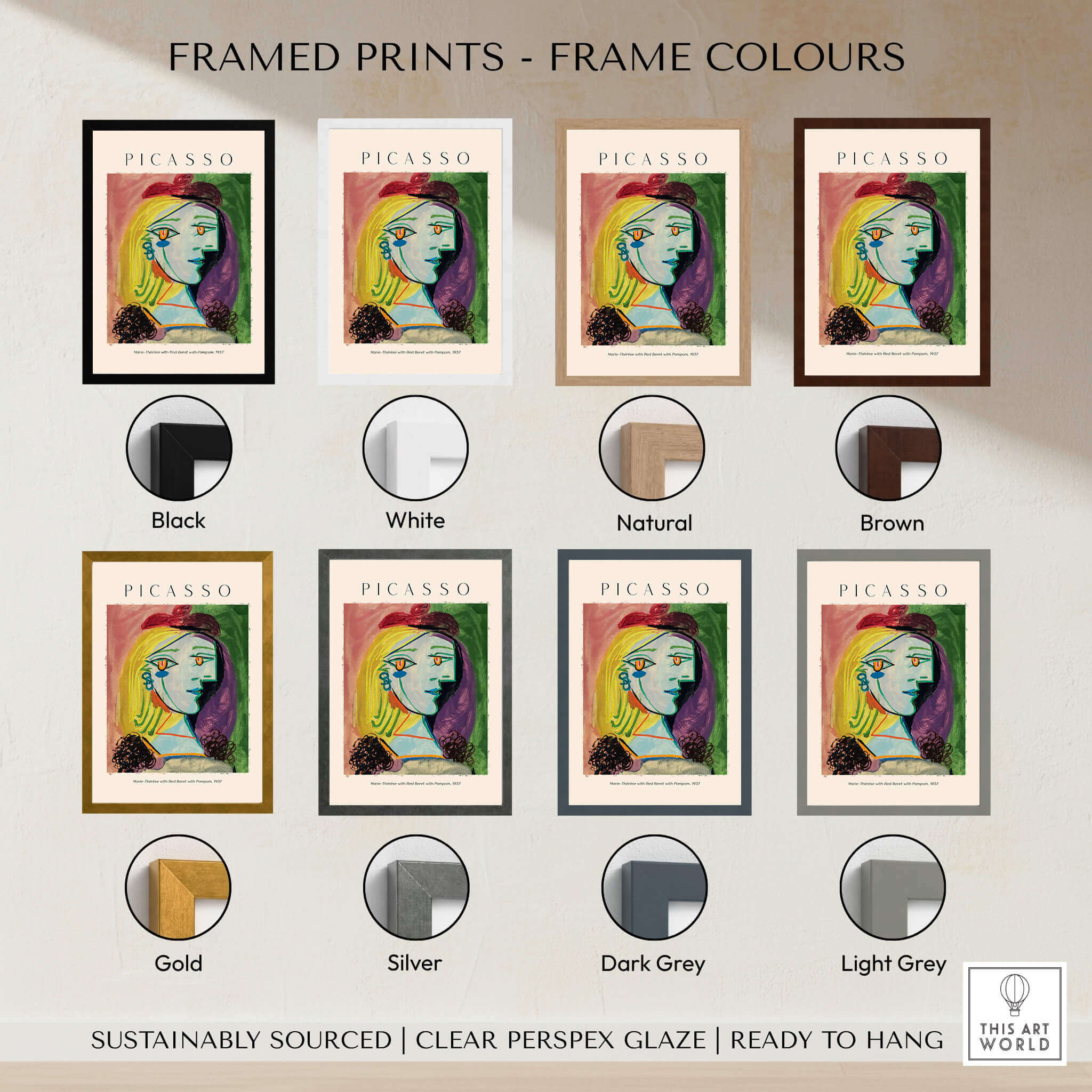 Framed prints showcasing Picasso Marie Thérèse Red Beret Pompom 1937 Portrait Art Print Cubist Poster Colorful frame colors options.