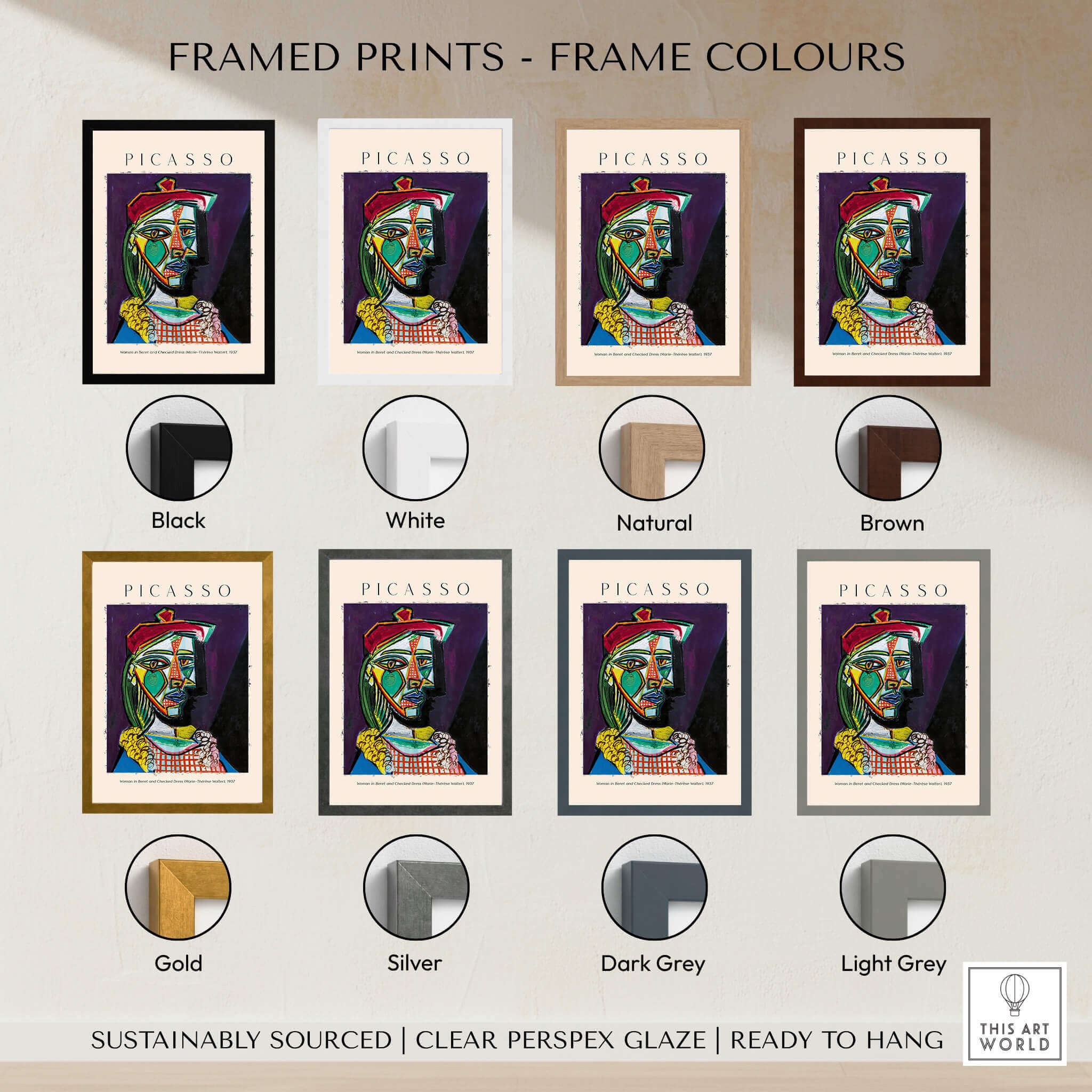 Framed prints featuring Picasso Woman Beret Checked Dress Marie Thérèse 1937 Art Print Cubist Portrait Poster in various frame colours.
