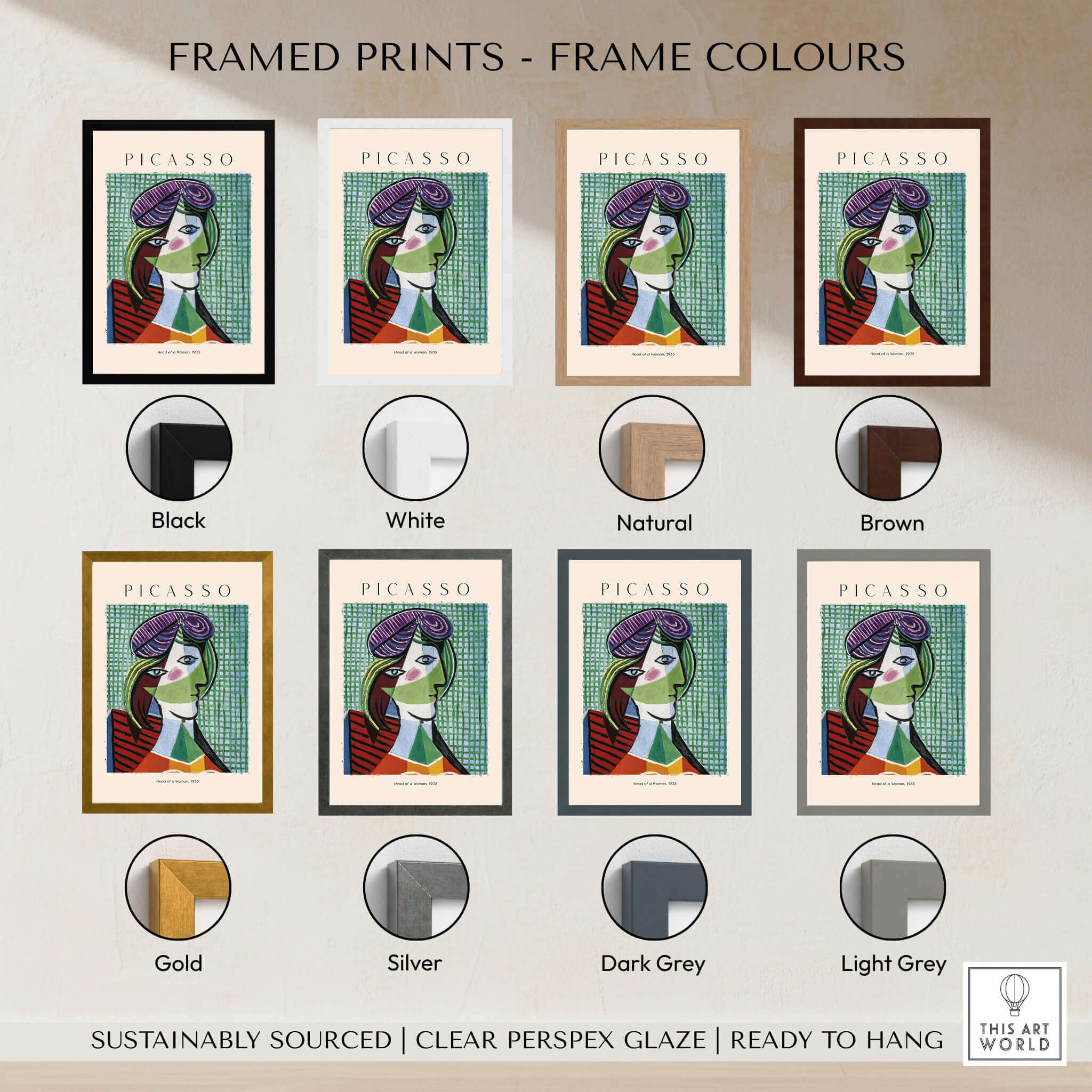 Framed prints display options for Picasso Head of a Woman 1935 Art Print Cubist Portrait Poster Colorful Wall Art.