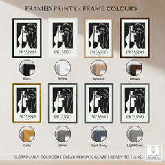 Framed prints color options for Picasso artwork, including black, white, natural, brown, gold, silver, dark grey, and light grey.