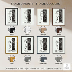 Framed Picasso Portrait Deux Parties Black White Split Face Art Print Poster in various frame colors.