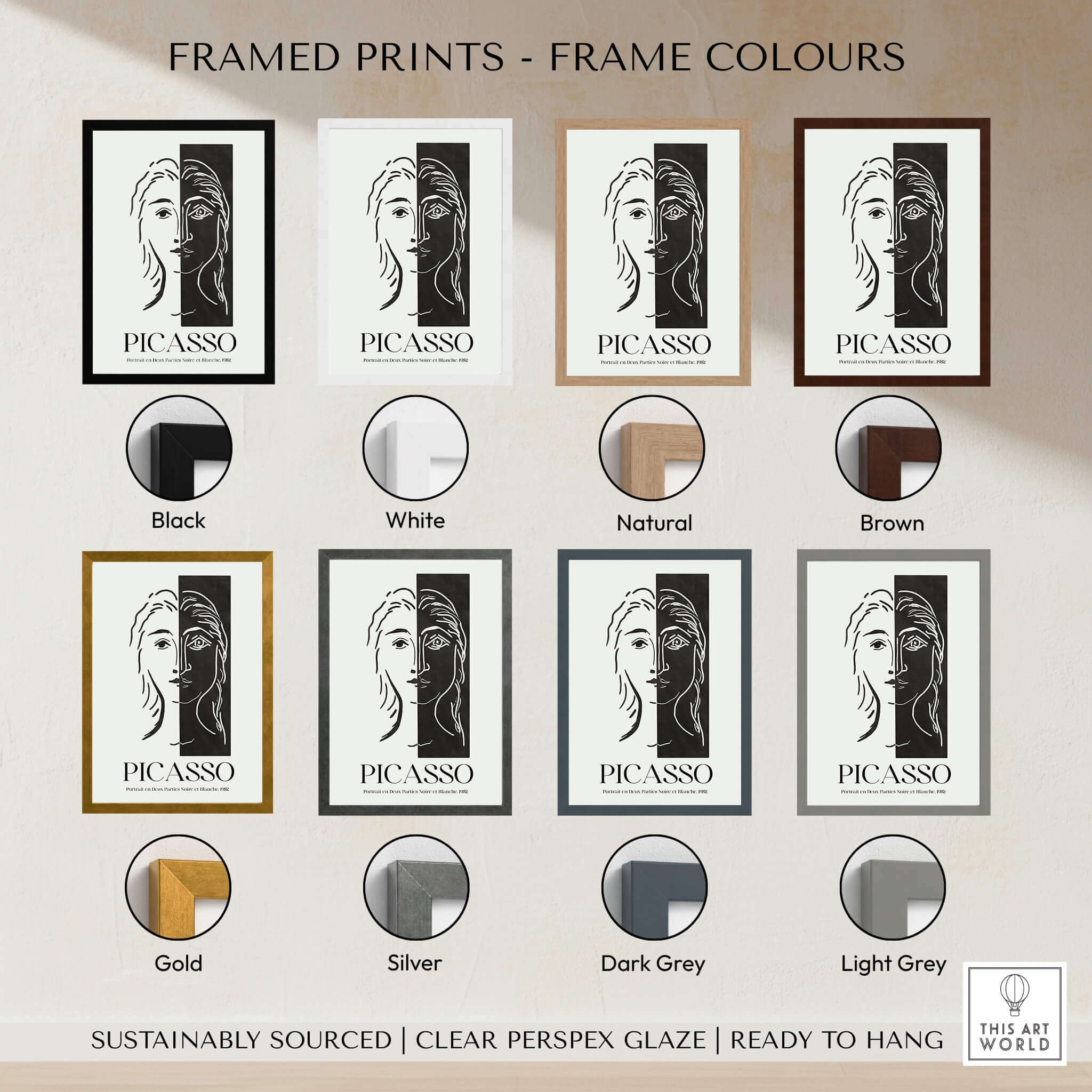Framed Picasso Portrait Deux Parties Black White Split Face Art Print Poster in various frame colors.