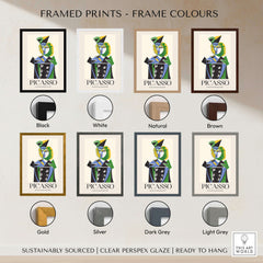 Framed prints in various colors featuring Picasso's art, showcasing black, white, natural, brown, gold, and silver frames.