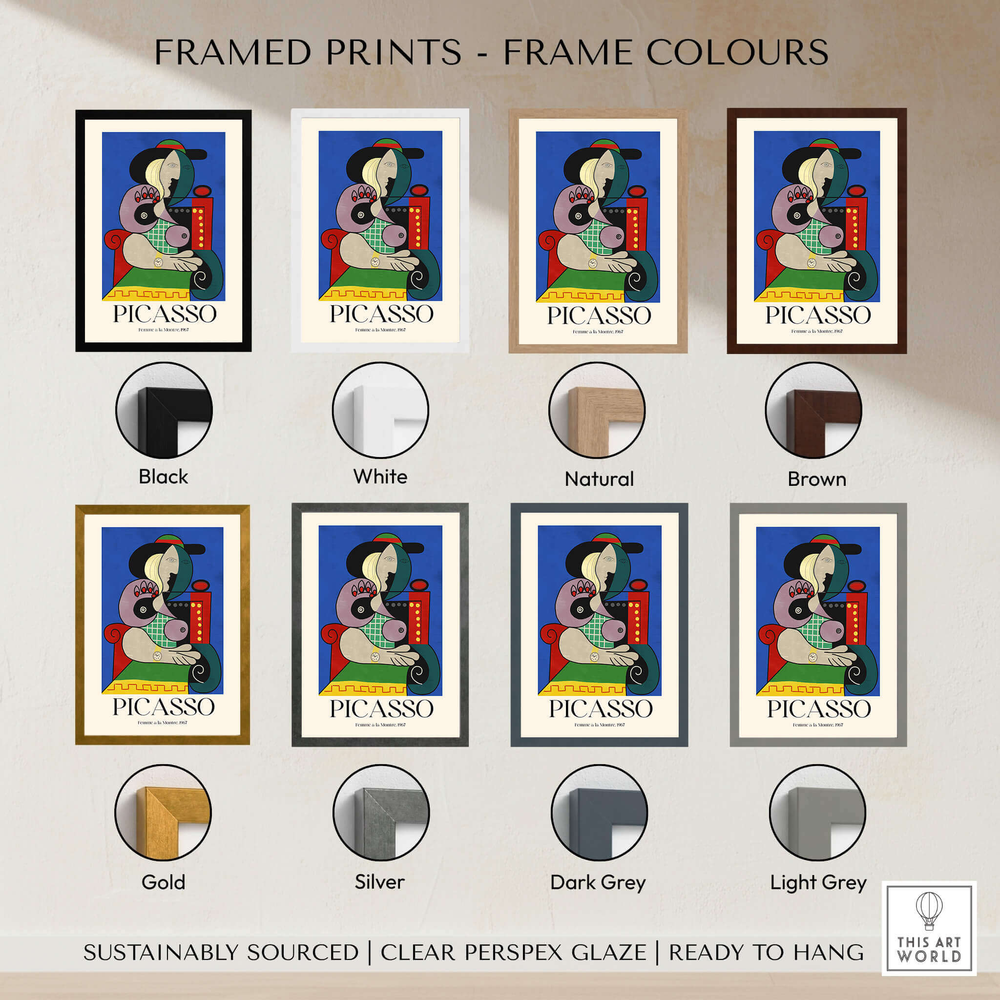 Framed prints options for Picasso Femme a la Montre Woman Watch 1967 Art Print Cubist Poster Colorful Wall Art.