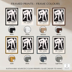 Framed prints in multiple colors showcasing Picasso The Acrobat 1930 Black White Figure Poster Minimalist Art Print Wall Decor.