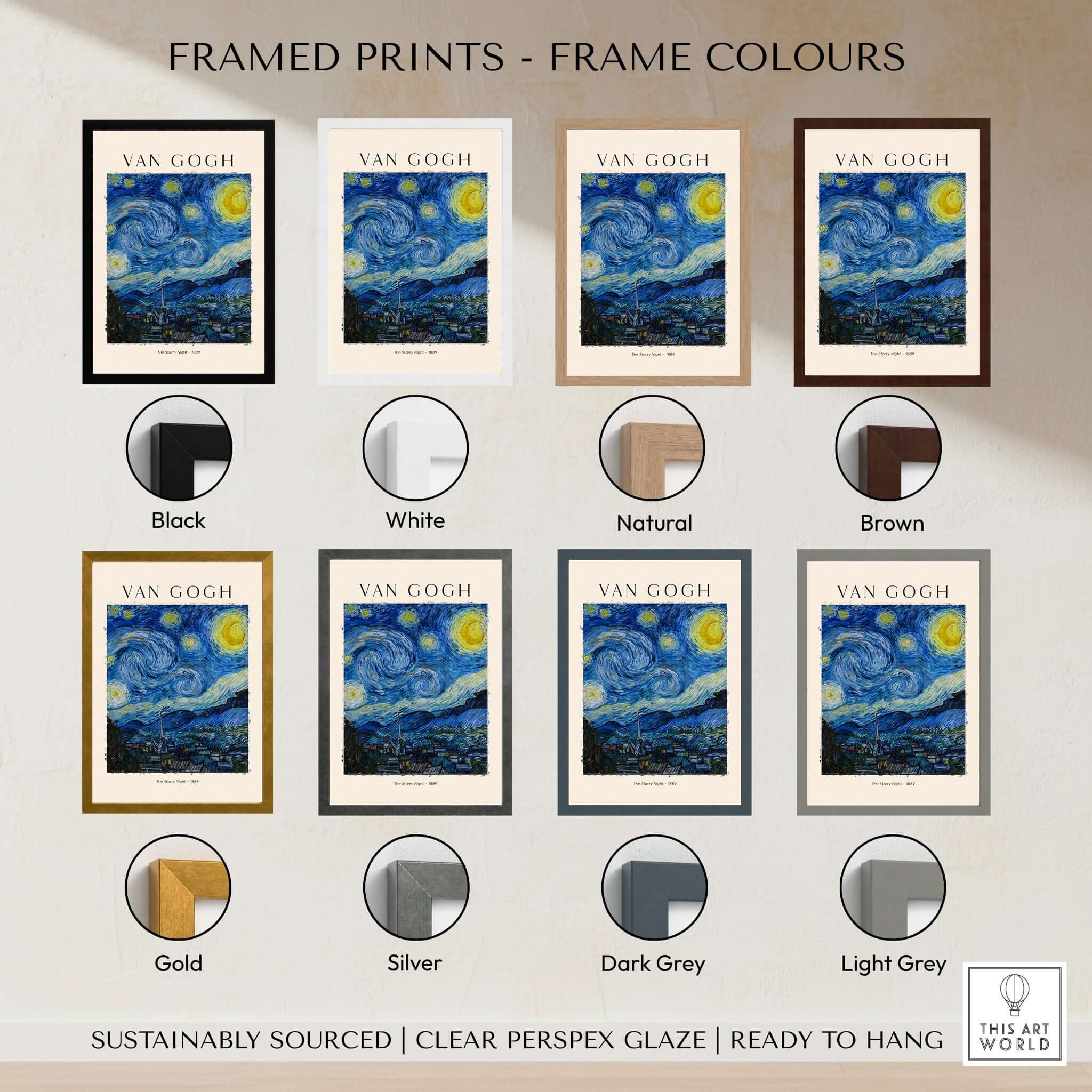 Starry Night Print:  Vincent van Gogh Poster framed in various colors including black, white, natural, and brown.