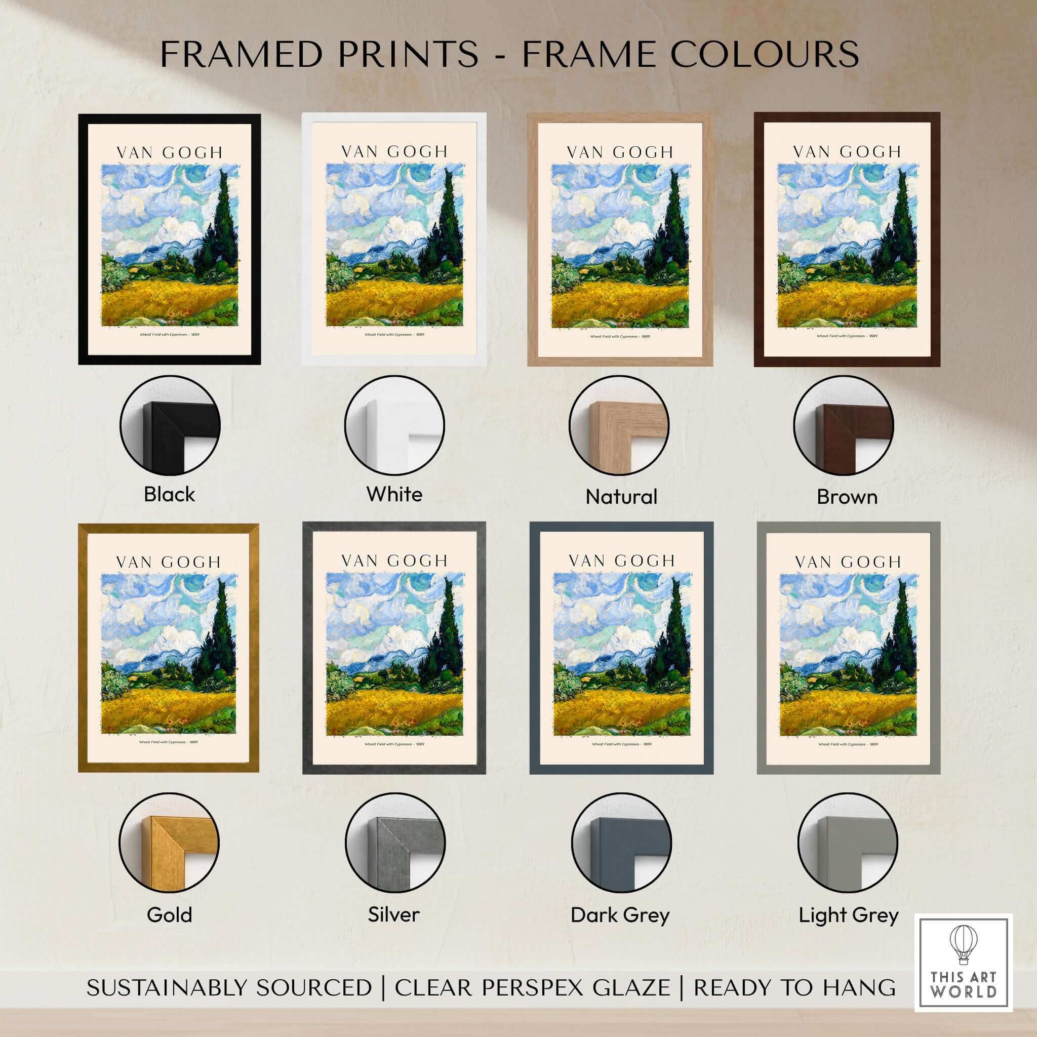 Vincent van Gogh Wheat Field with Cypresses 1889 Landscape Art Print Post Impressionist Poster framed in various colors.