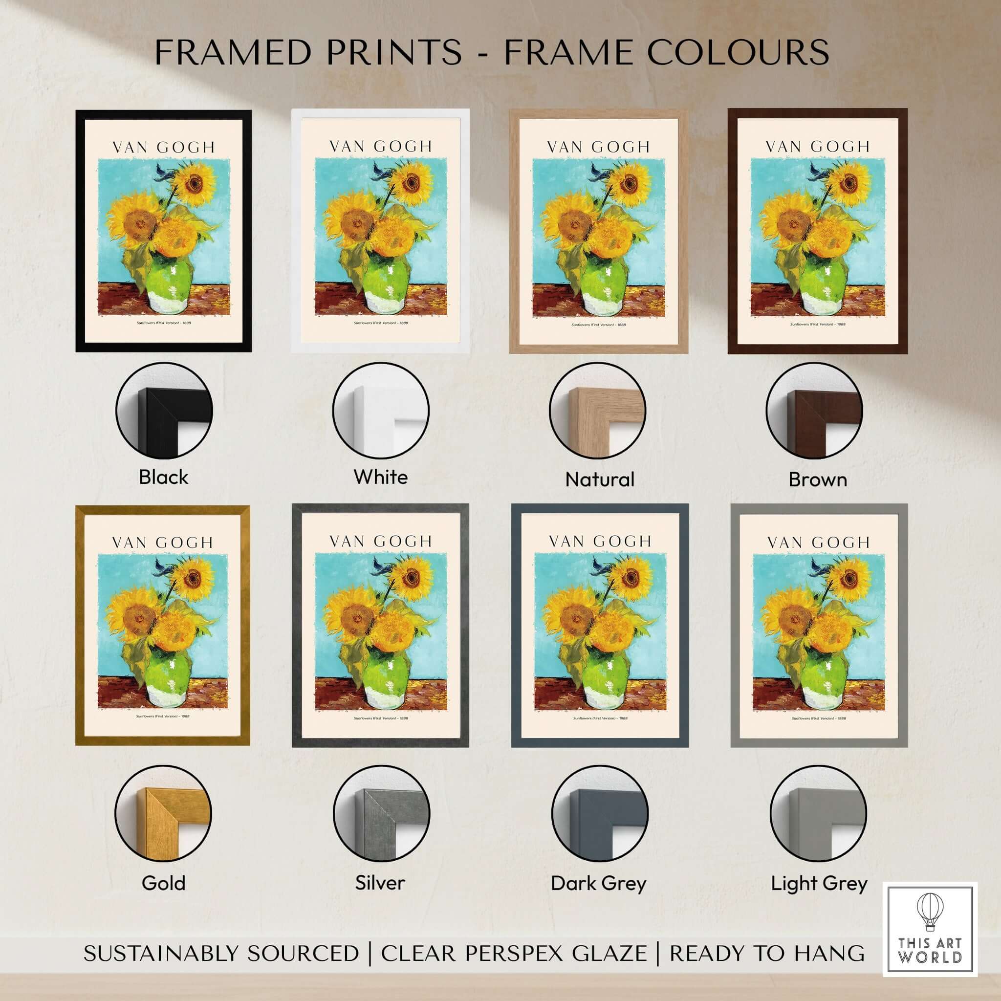 Framed prints displaying van Gogh Sunflowers Print - Sunflower Wall Art in various frame colors.
