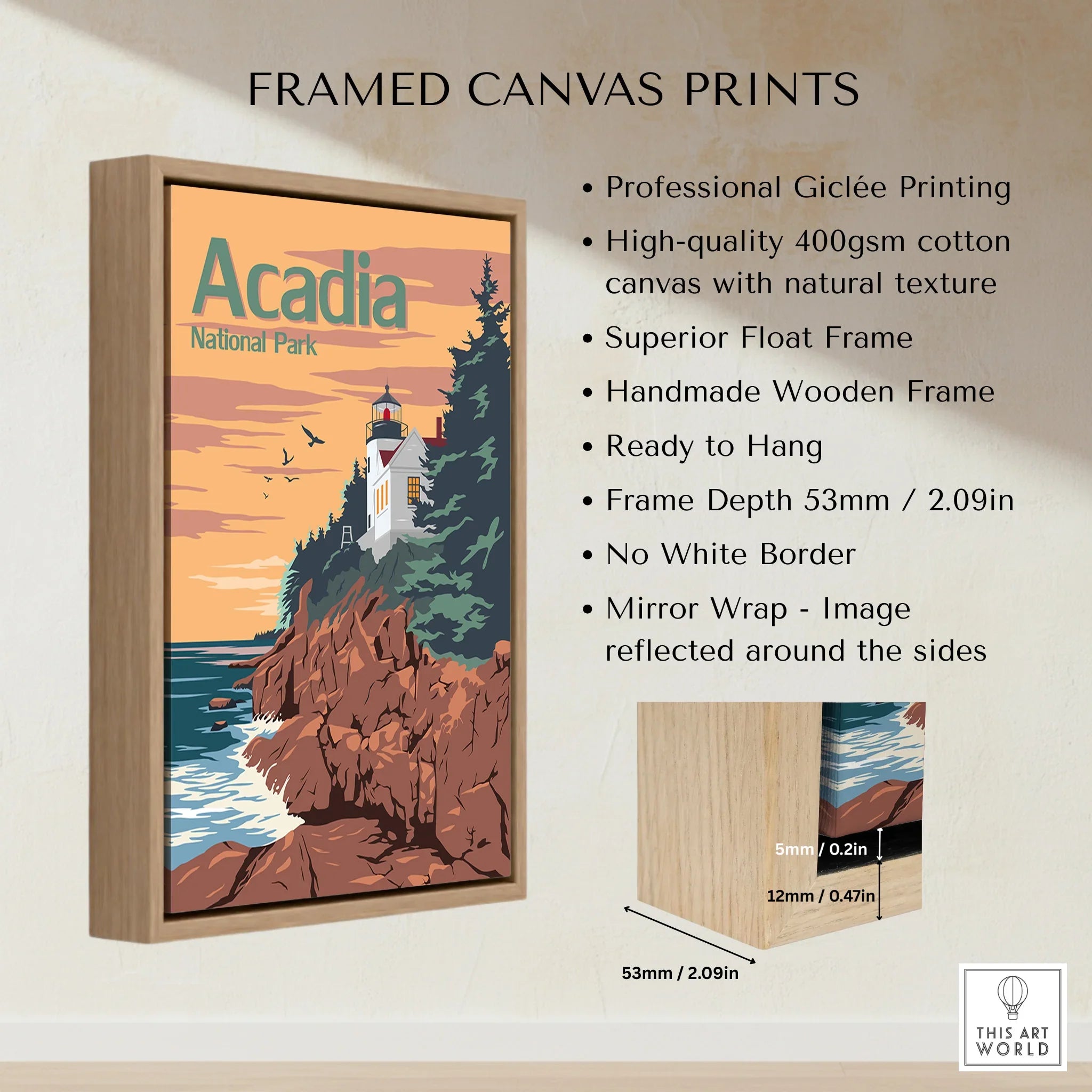 Framed Acadia National Park canvas print with float frame and detailed construction diagram