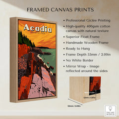 Framed Acadia National Park canvas print with wooden float frame and product features list