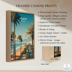 Agadir Travel Poster Print Morocco - Palm Trees framed canvas print showcasing tropical scenery and wooden frame.