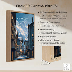 Andermatt Travel Poster – Swiss Alps Winter Village and Chalet Print, framed canvas print showcasing scenic charm.