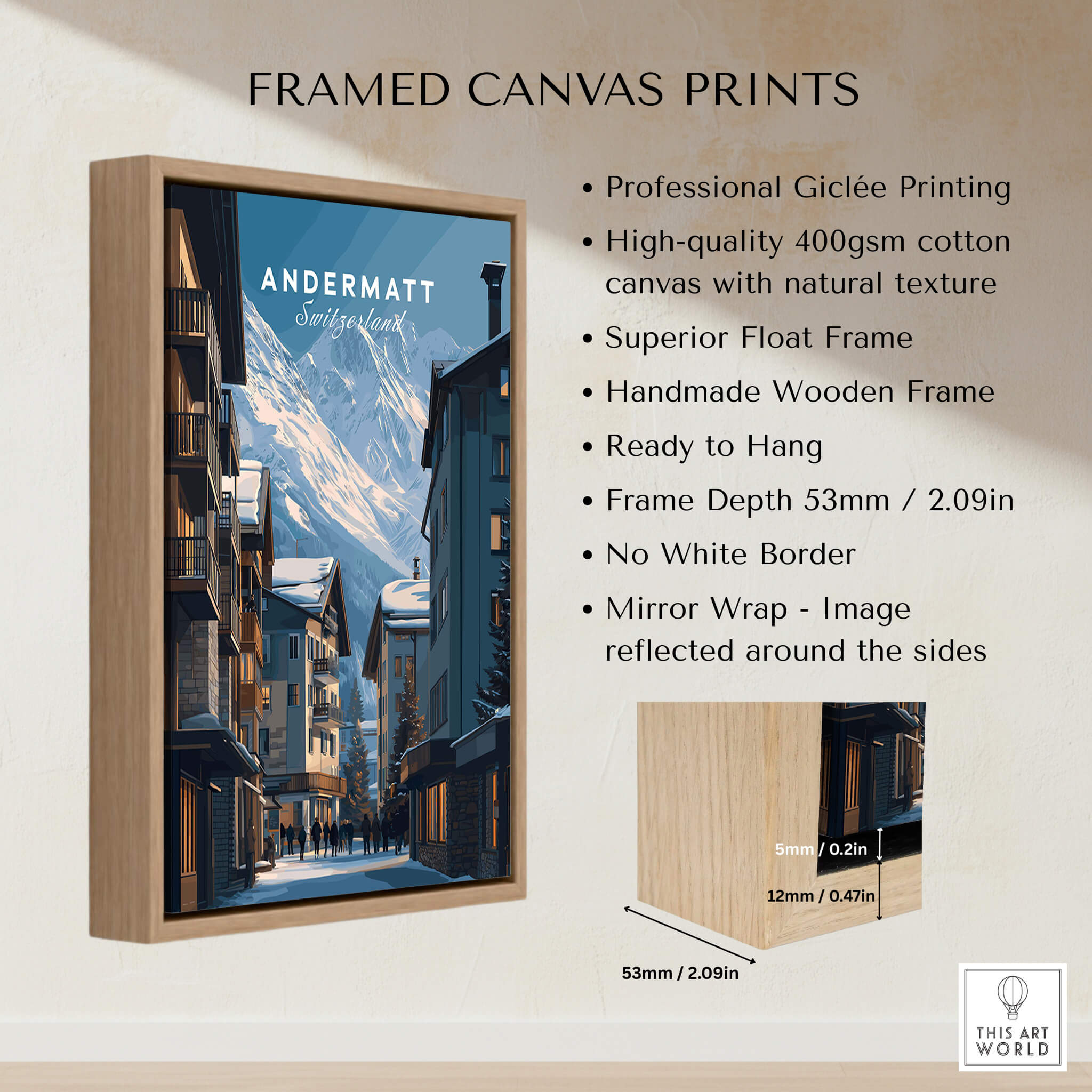 Andermatt Travel Poster – Swiss Alps Winter Village and Chalet Print, framed canvas print showcasing scenic charm.