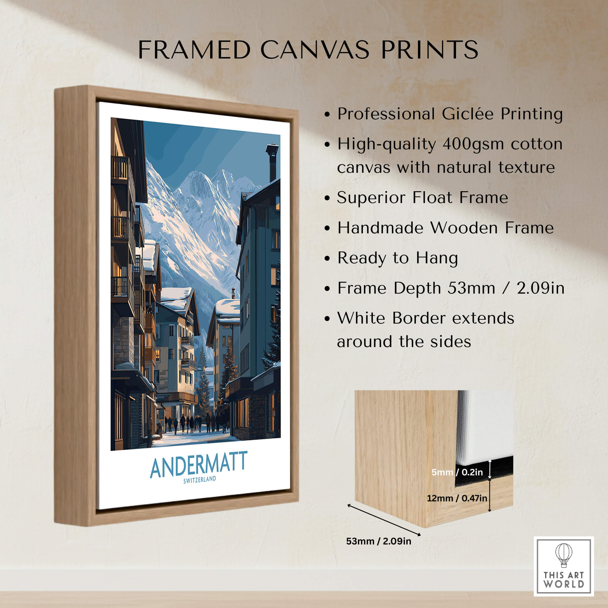 Andermatt Switzerland Wall Art Print framed canvas featuring alpine scenery and wooden frame
