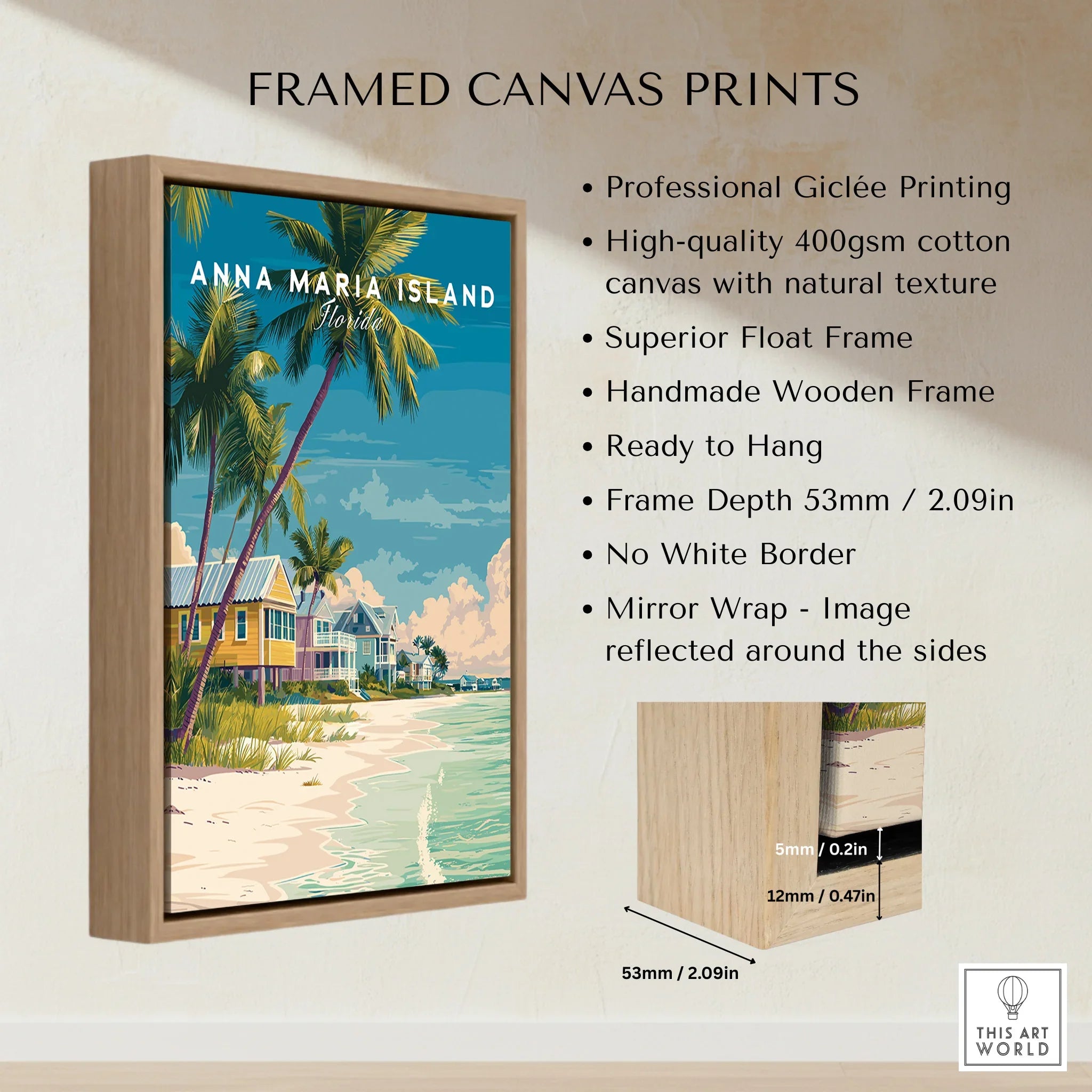 Framed canvas print of Anna Maria Island beach scene with float frame and product details.