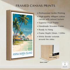 Anna Maria Island framed canvas print with beach scene, palm trees, and handmade wooden float frame.