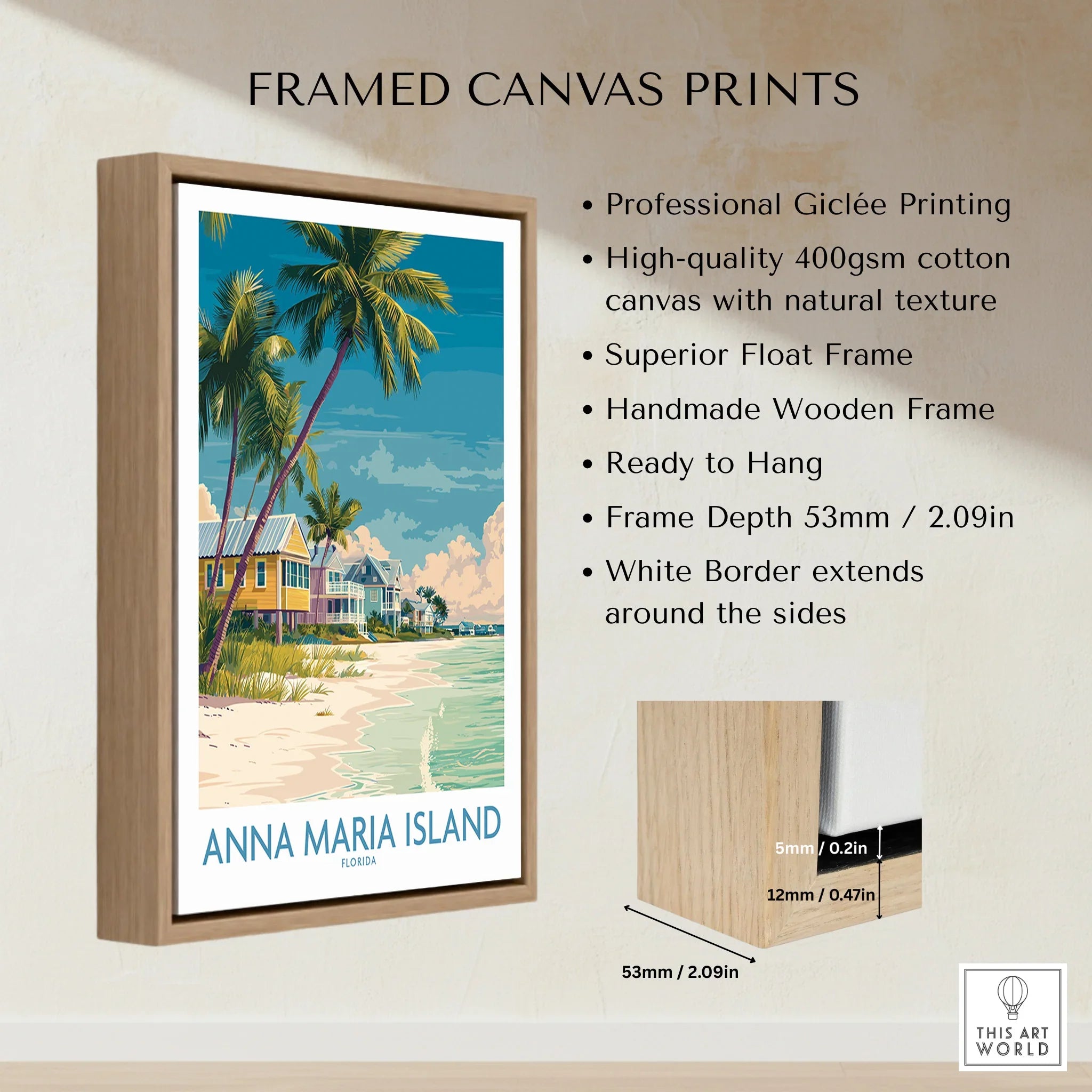 Anna Maria Island framed canvas print with beach scene, palm trees, and handmade wooden float frame.