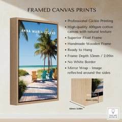 Framed canvas print featuring Anna Maria Island beach scene with palm trees and colorful chairs