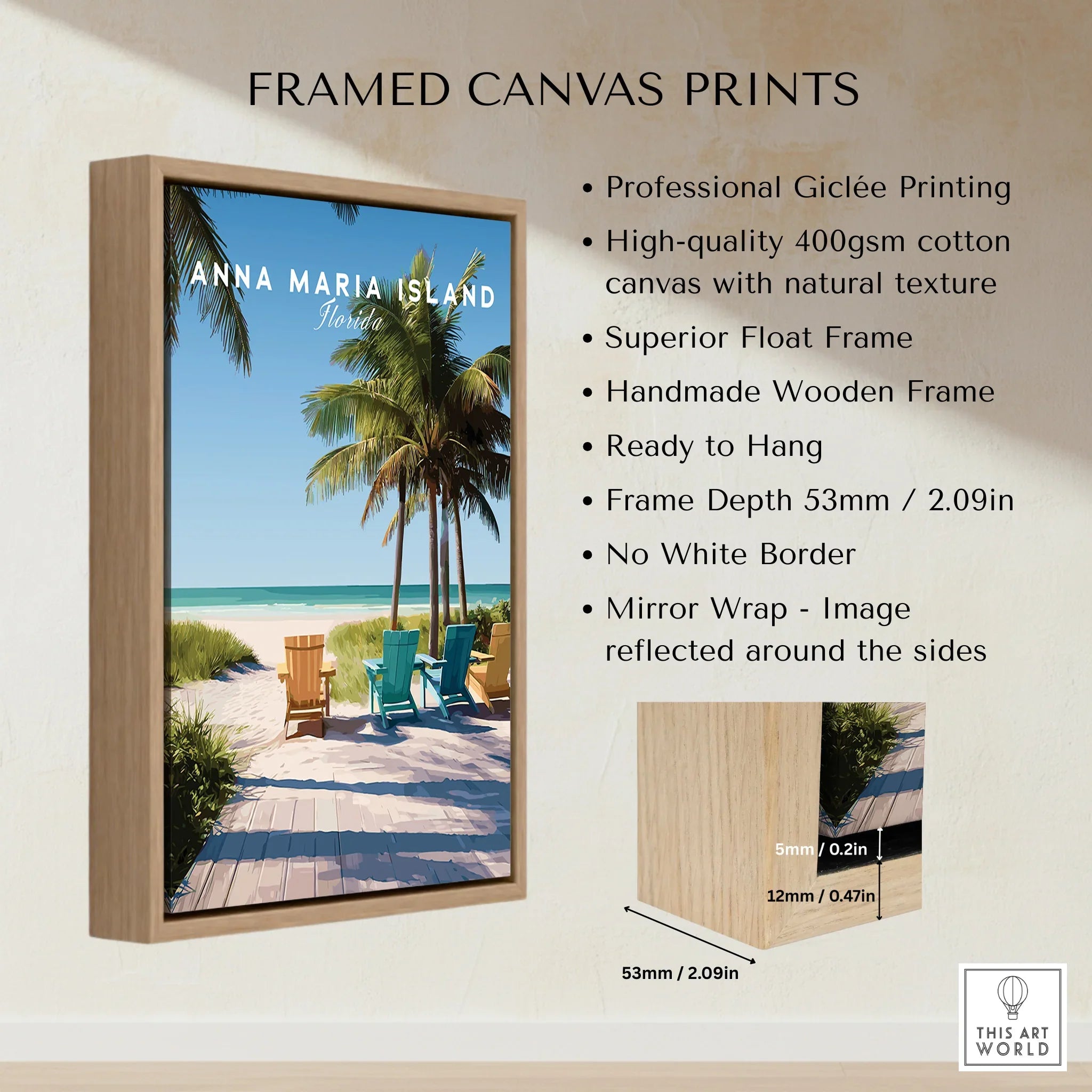 Framed canvas print featuring Anna Maria Island beach scene with palm trees and colorful chairs