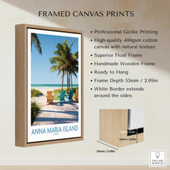 Framed canvas print of Anna Maria Island beach scene with palm trees and colorful chairs, float frame detail.