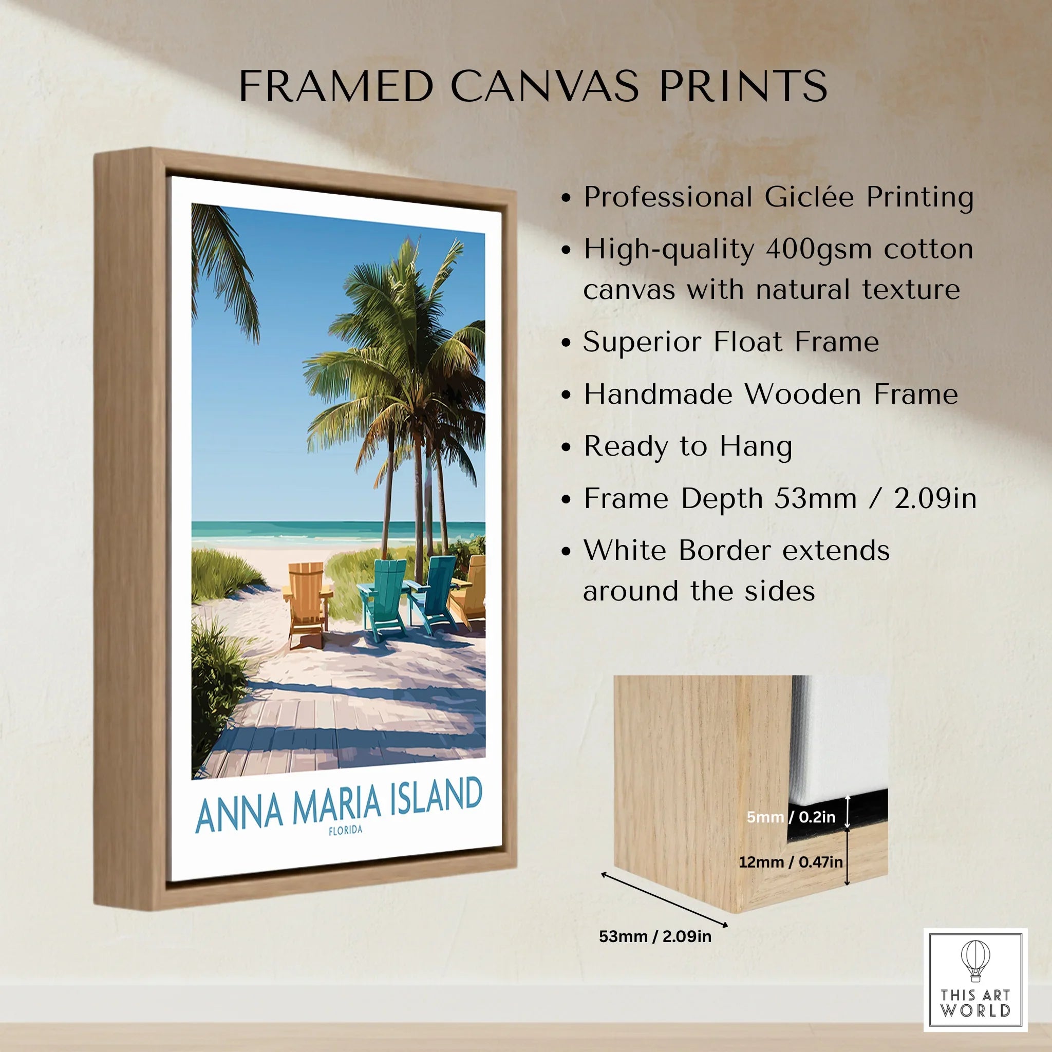 Framed canvas print of Anna Maria Island beach scene with palm trees and colorful chairs, float frame detail.