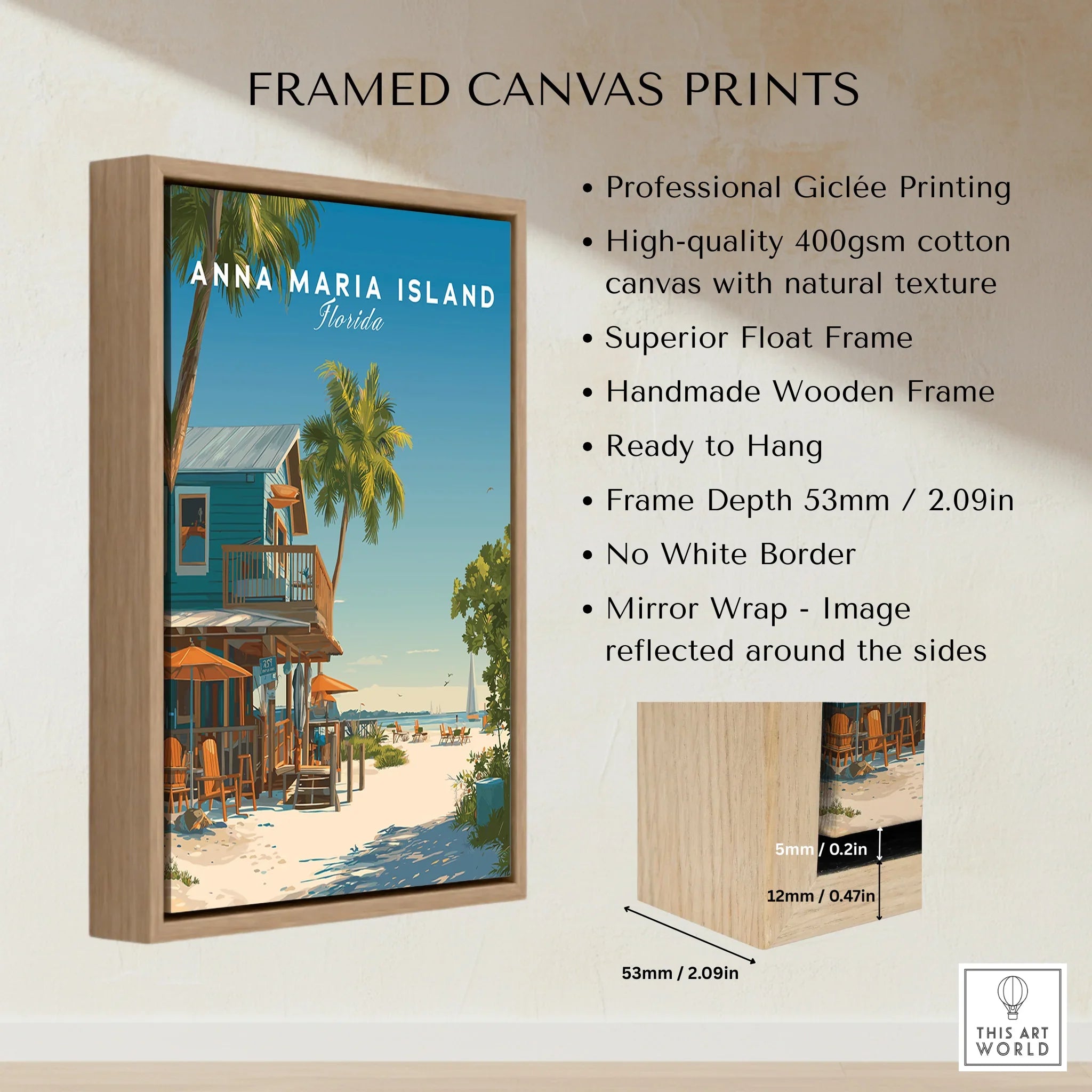 Framed canvas print of Anna Maria Island beach scene with palm trees and handmade wooden float frame.