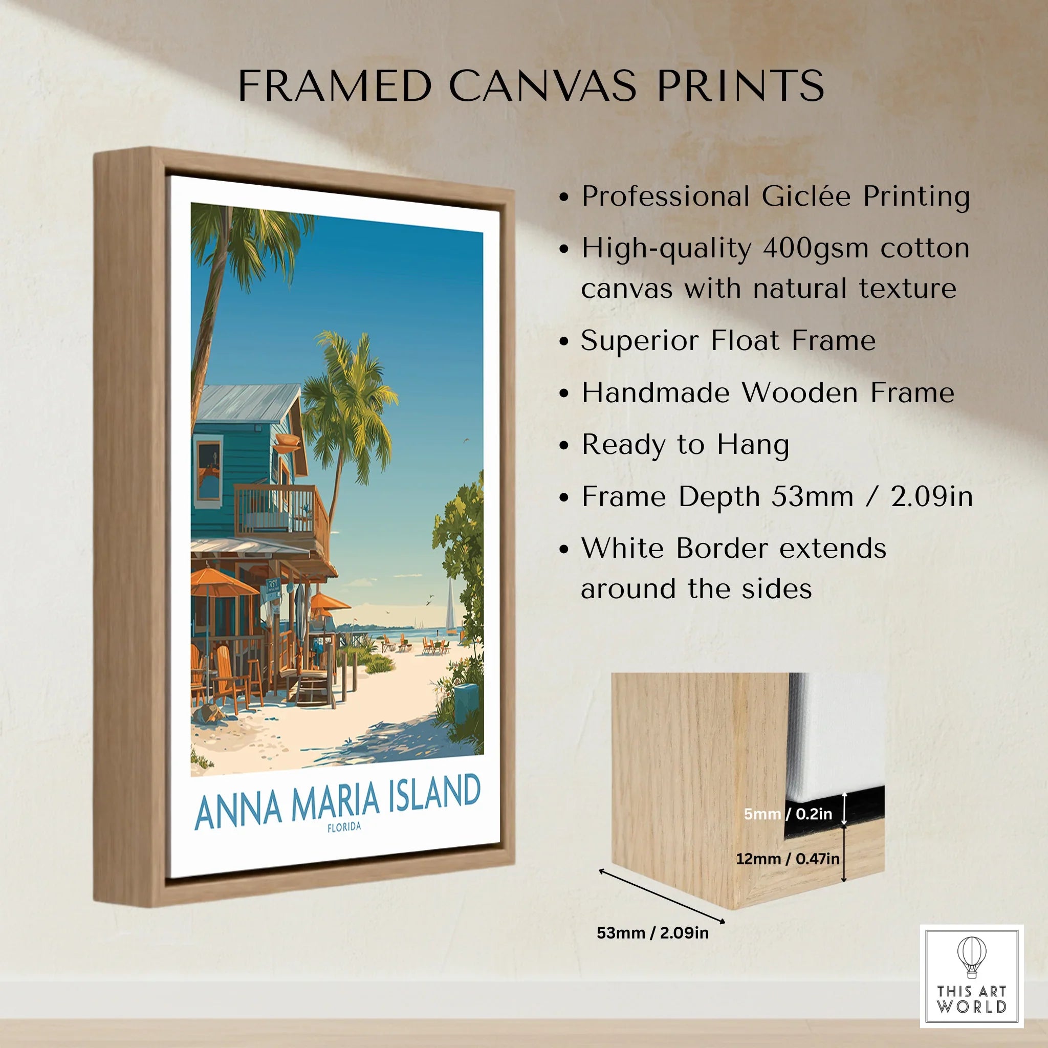 Framed canvas print of Anna Maria Island beach scene in a float wooden frame with product details