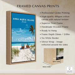 Framed canvas print of Anna Maria Island Florida beach with palm tree, chairs, and wooden float frame.