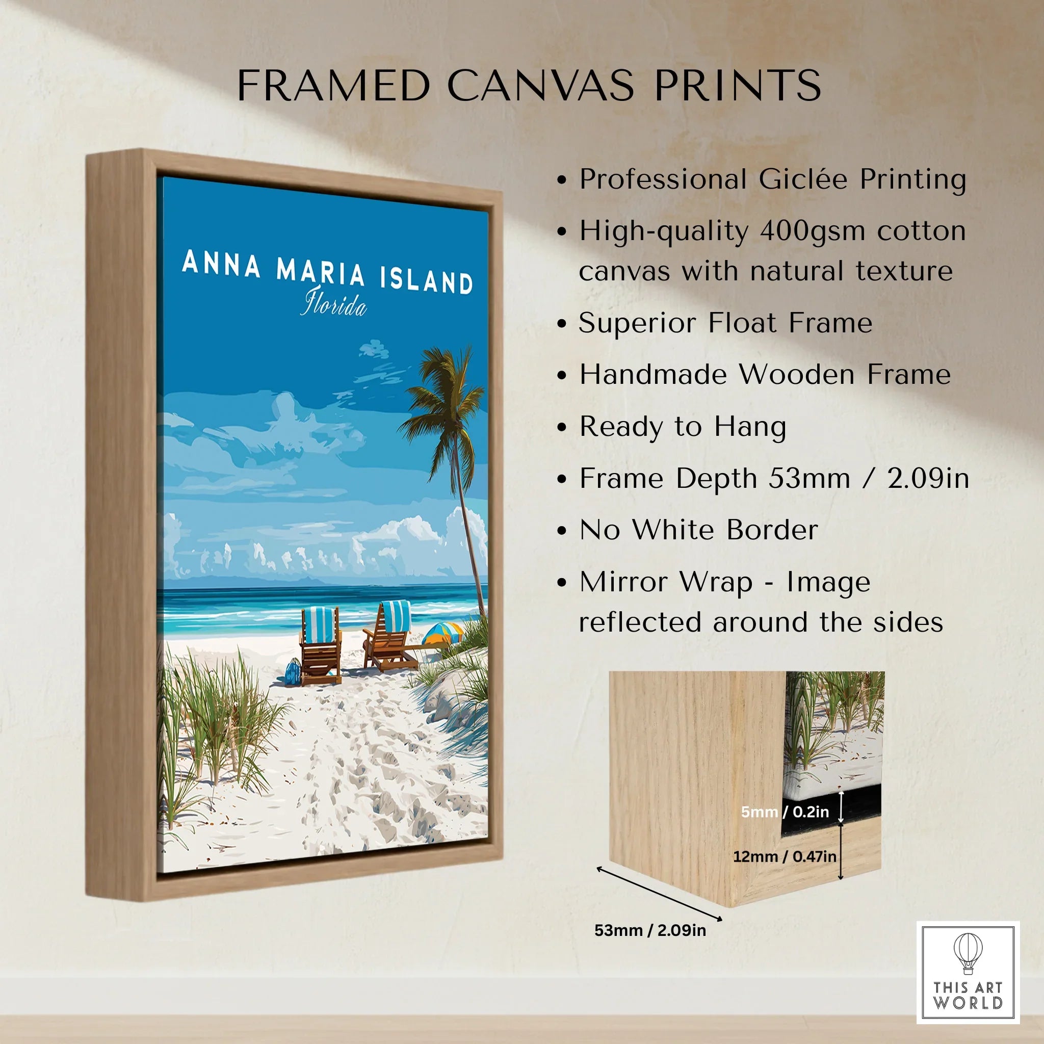 Framed canvas print of Anna Maria Island Florida beach with palm tree, chairs, and wooden float frame.