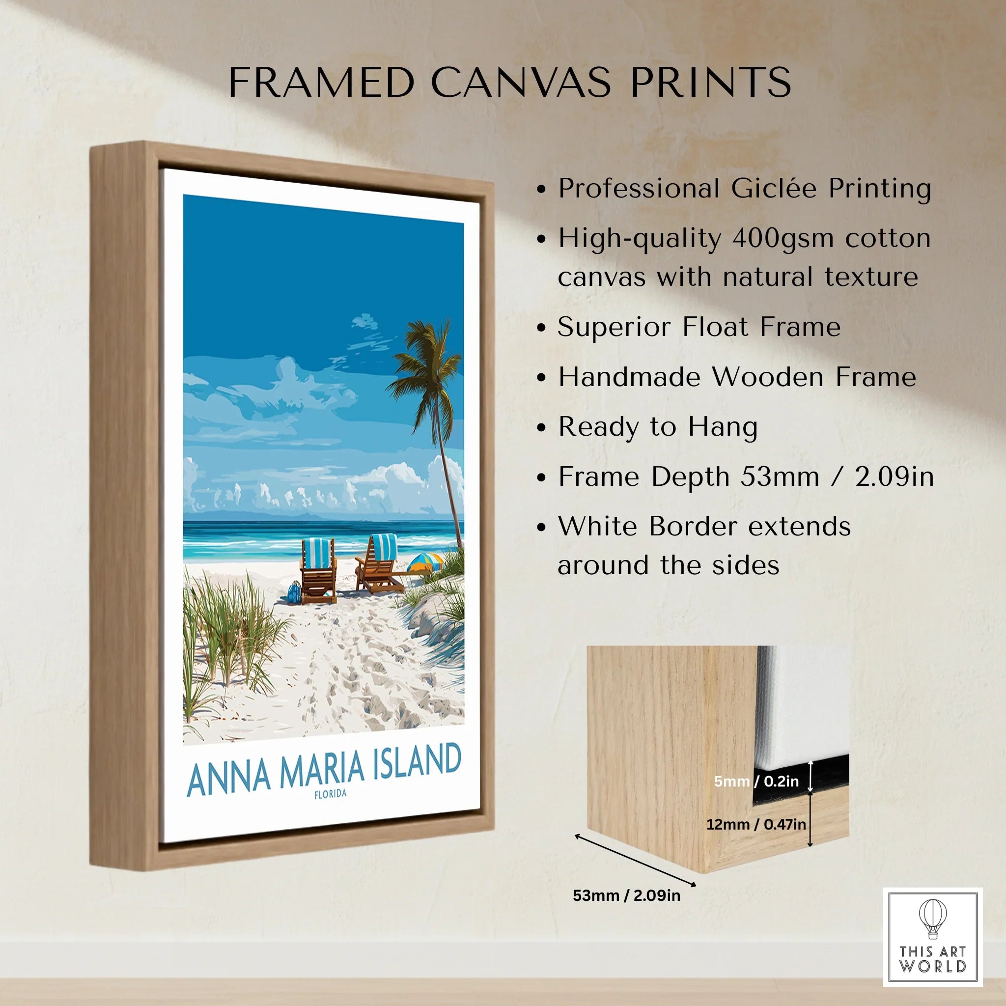 Framed canvas print of Anna Maria Island beach with palm tree and chairs, float wooden frame details.