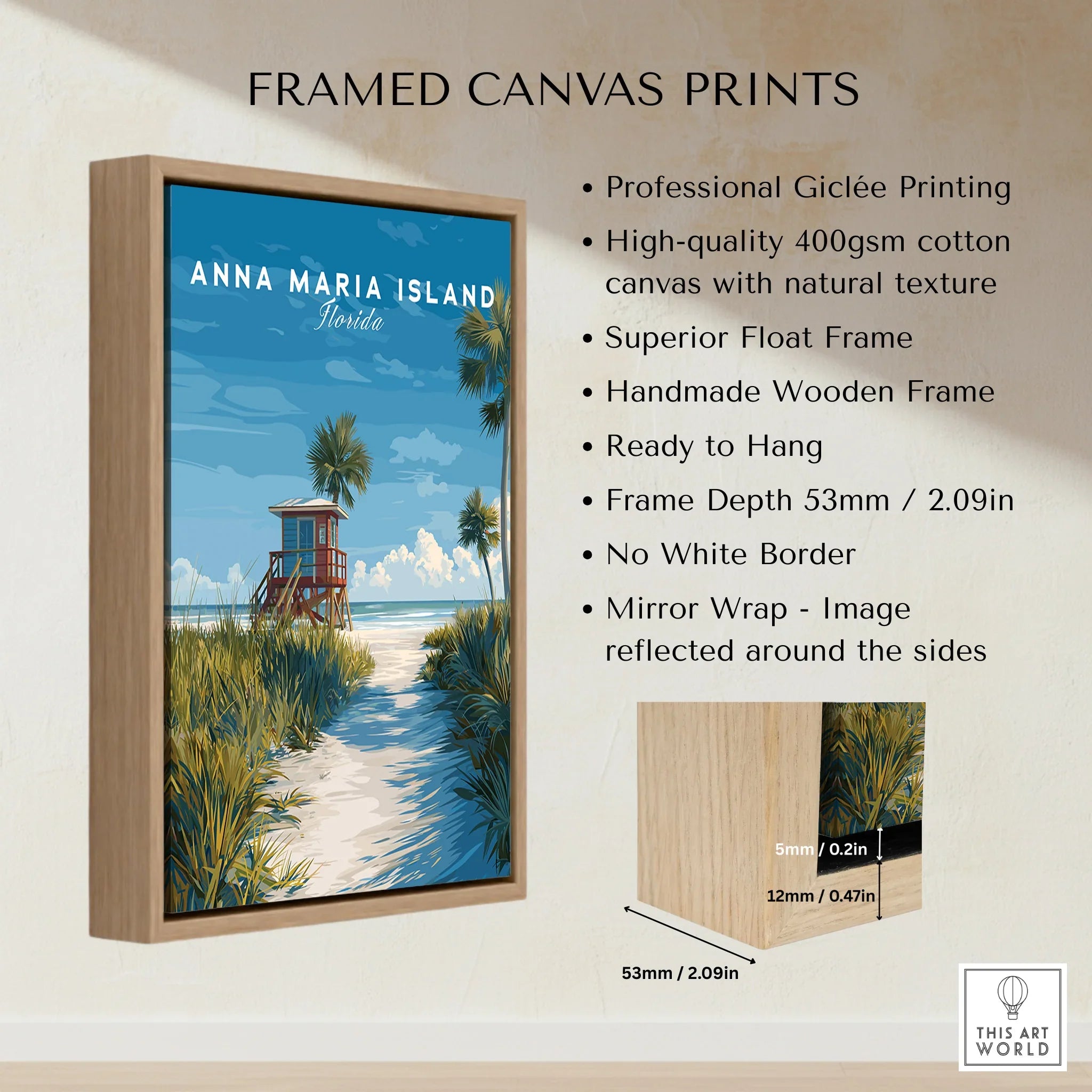 Anna Maria Island Florida framed travel poster in wooden float frame, beach art wall decor