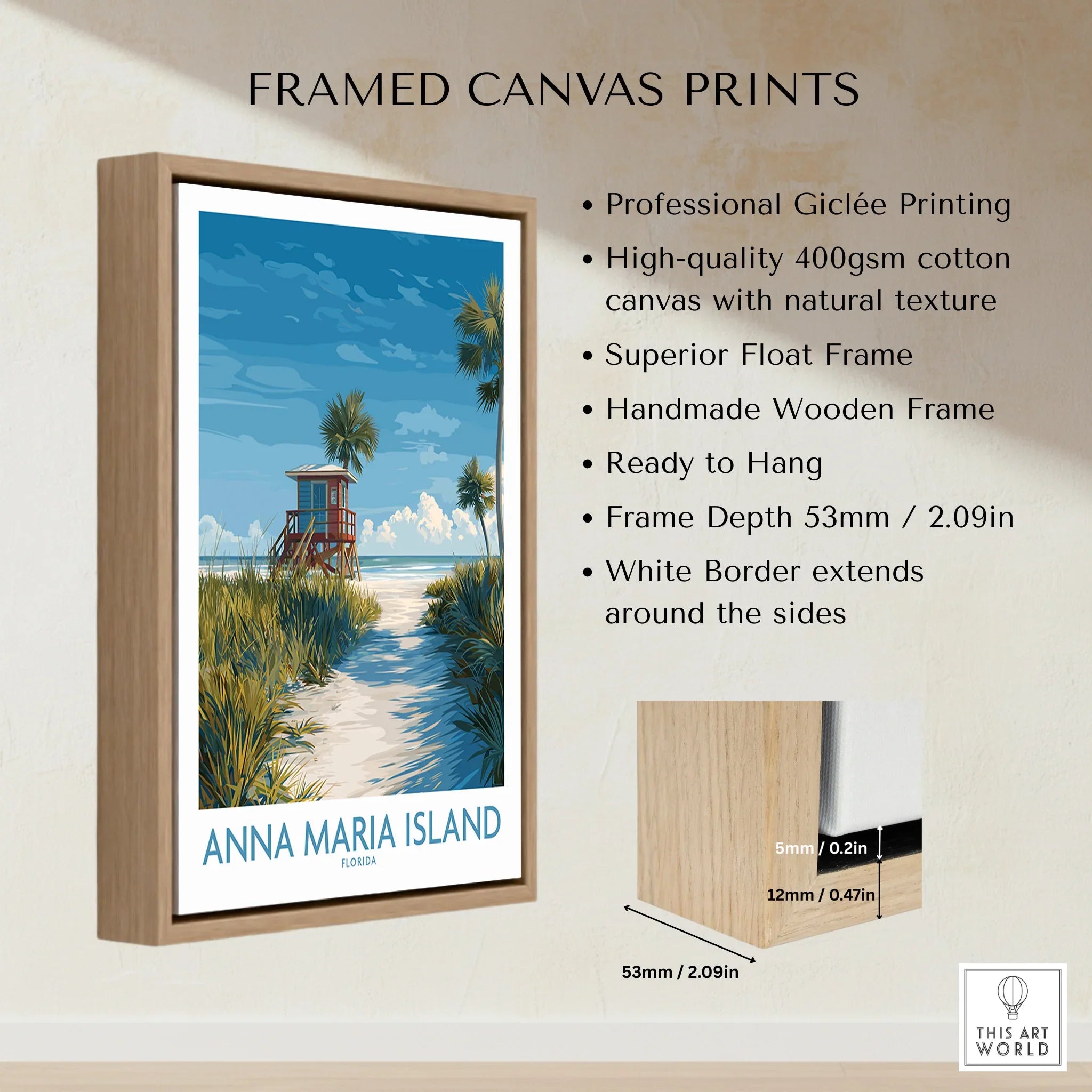 Anna Maria Island Florida framed canvas print with wooden float frame and beach artwork