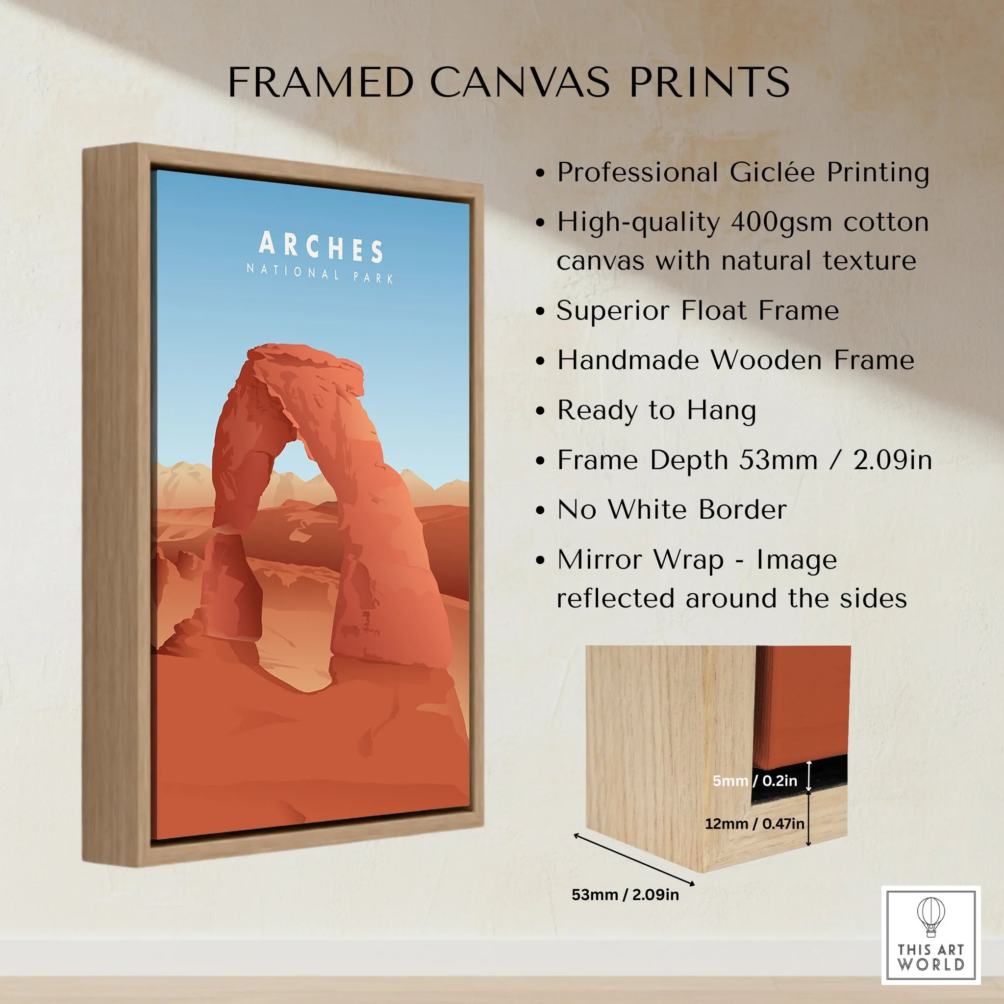 Framed Arches National Park canvas print with wooden float frame and product details