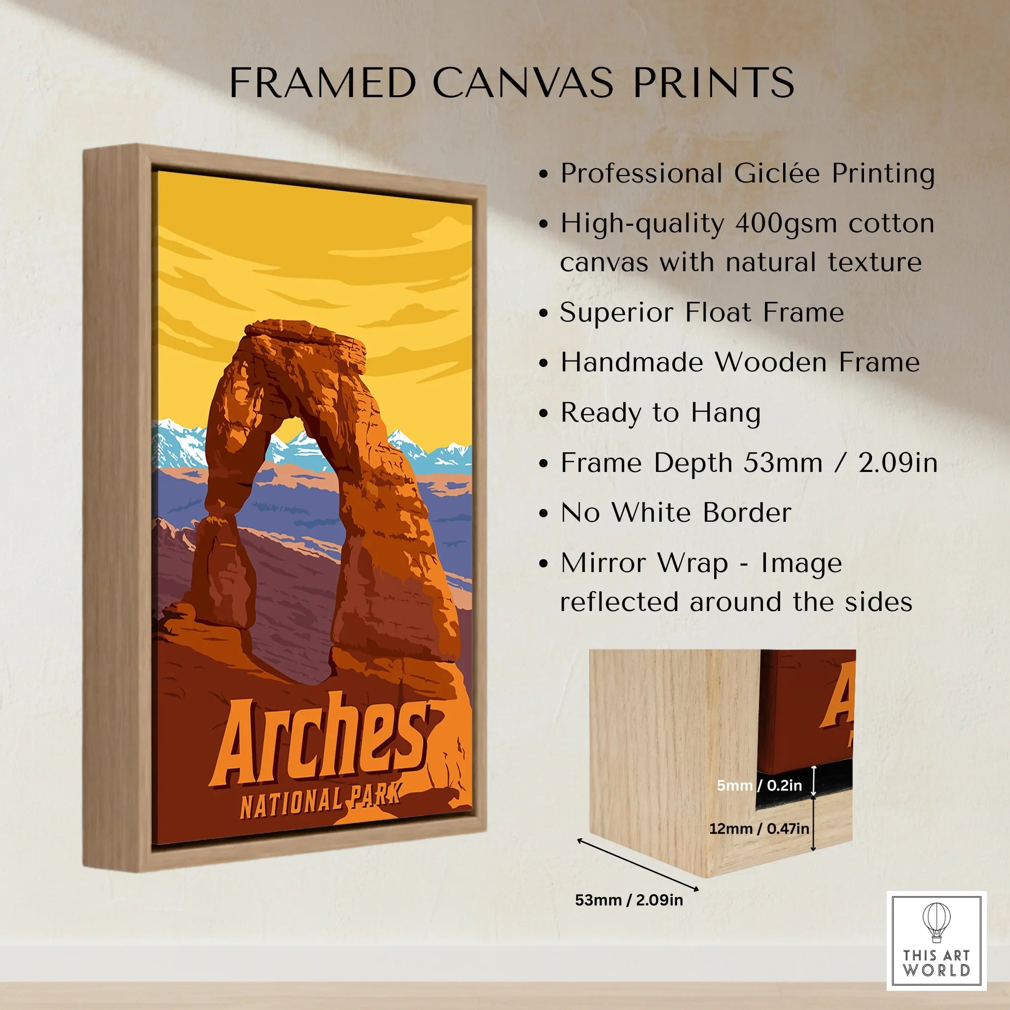 Arches National Park travel poster in wooden float frame, canvas wall art print details.