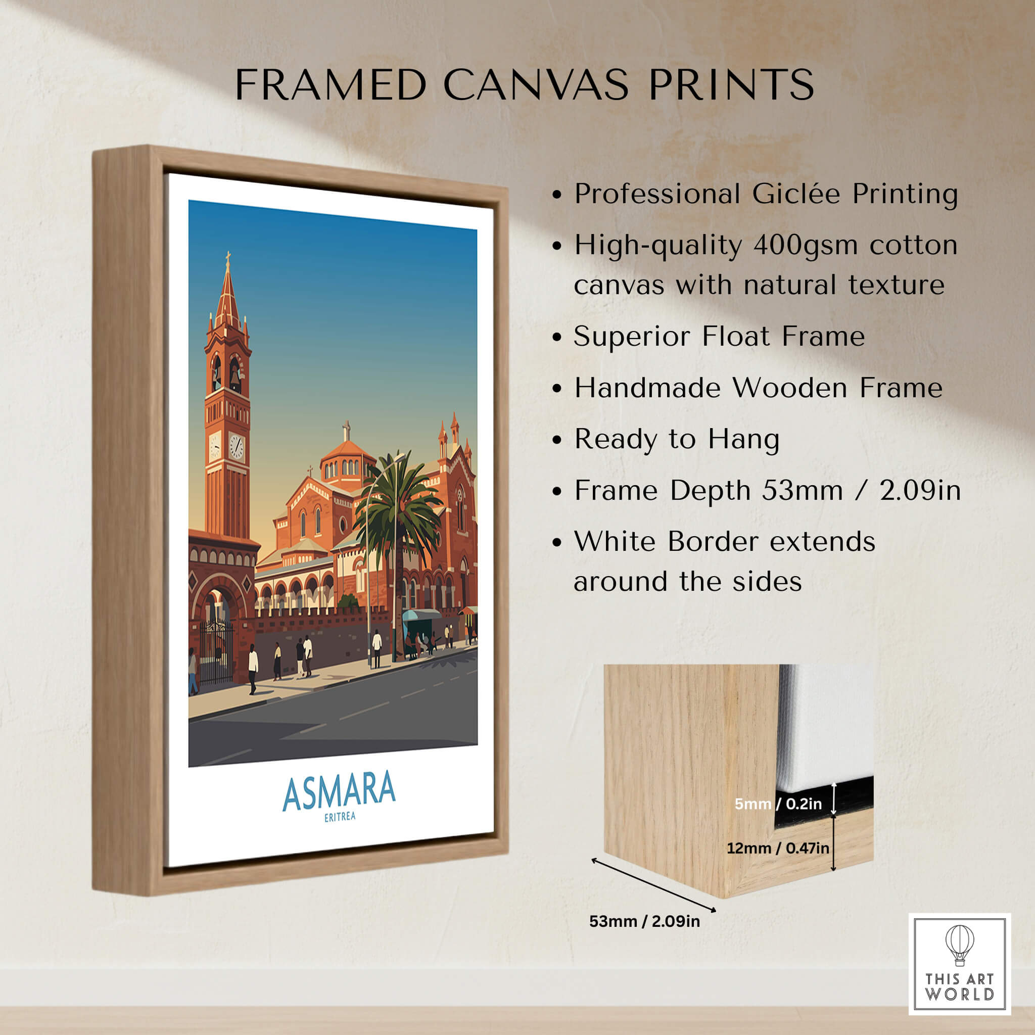 Asmara Eritrea Wall Art – Historic Architecture and City Street Decor Poster framed canvas print showcasing vibrant architecture.