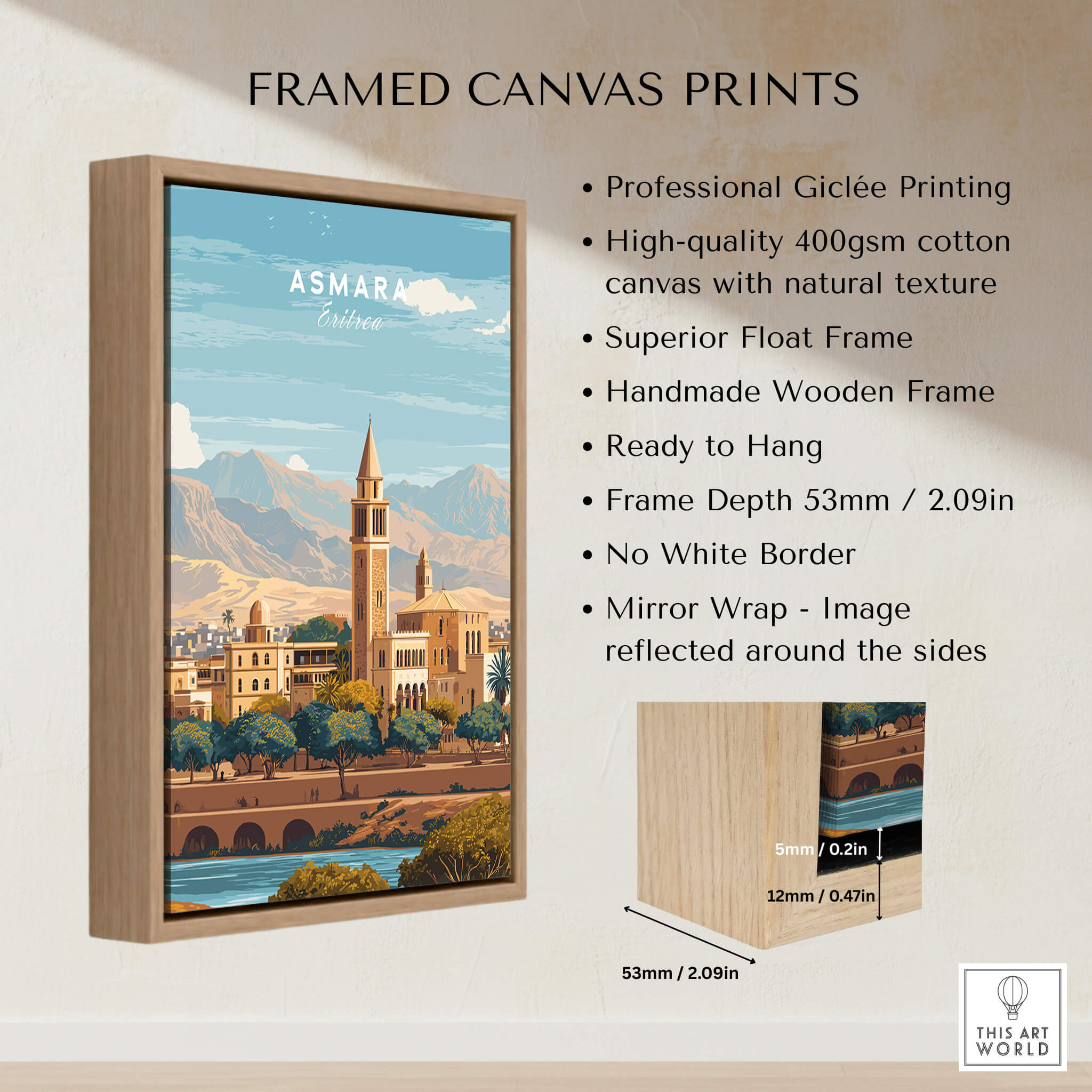 Asmara Travel Poster – Cityscape Skyline and Mountain Landscape Art Print framed canvas with professional giclée printing.
