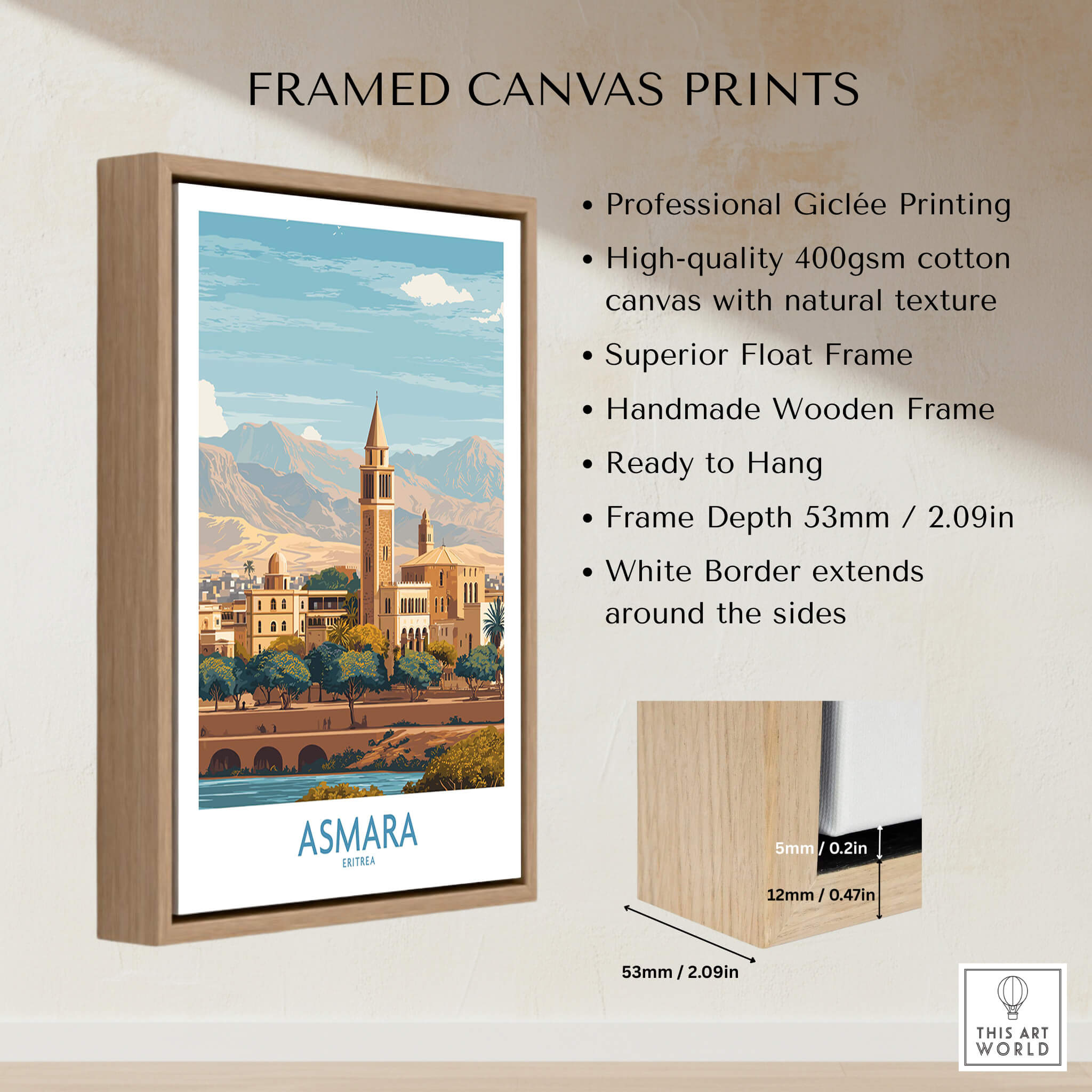 Asmara Eritrea Wall Art – Travel Poster framed canvas print showcasing vibrant architecture and scenic beauty.