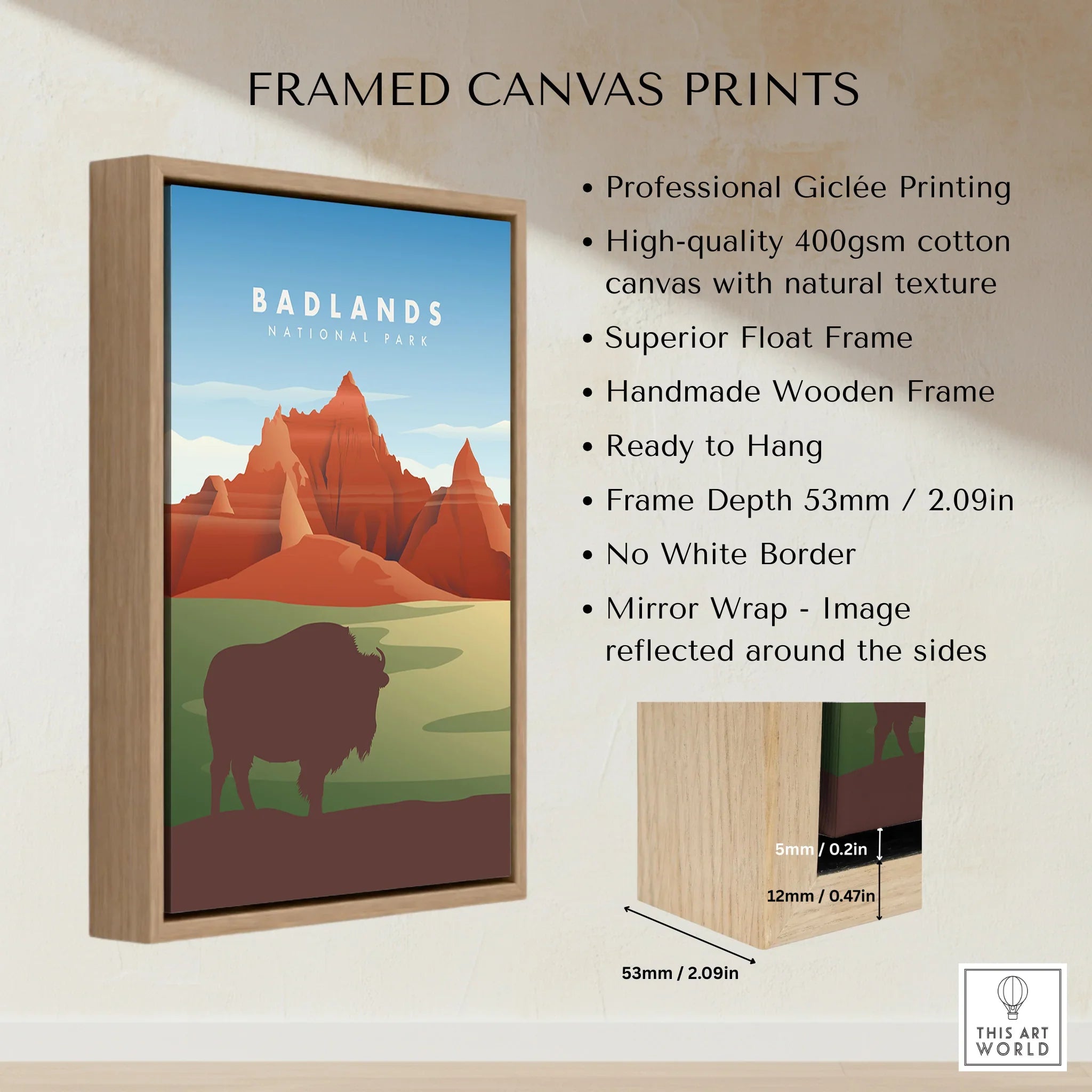 Framed canvas print featuring Badlands National Park with bison and mountain art, float frame detail.