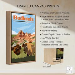 Framed Badlands National Park canvas print with bison illustration, wooden float frame, wall art