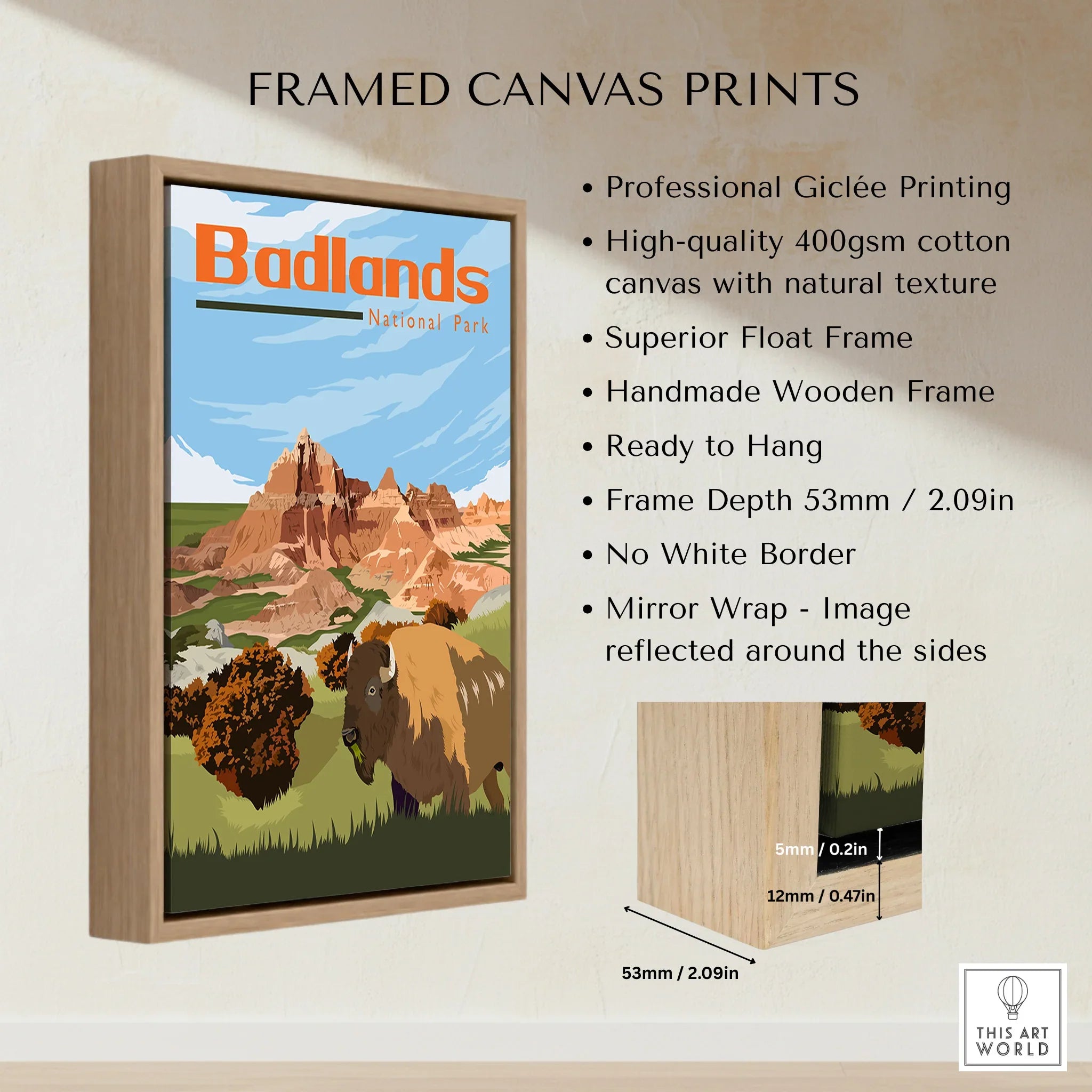Framed Badlands National Park canvas print with bison illustration, wooden float frame, wall art