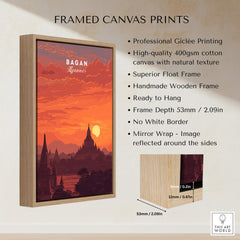 Bagan Travel Poster – Myanmar Ancient Temple Sunset Art framed canvas print showcasing ancient pagodas and sunset.