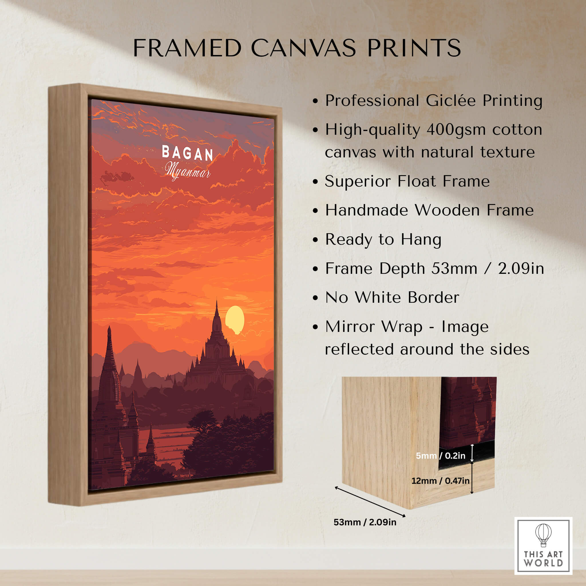 Bagan Travel Poster – Myanmar Ancient Temple Sunset Art framed canvas print showcasing ancient pagodas and sunset.