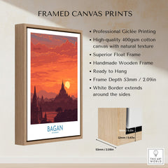 Bagan Myanmar Wall Art – Buddhist Pagoda Skyline Canvas Print framed in a wooden float frame with natural texture.