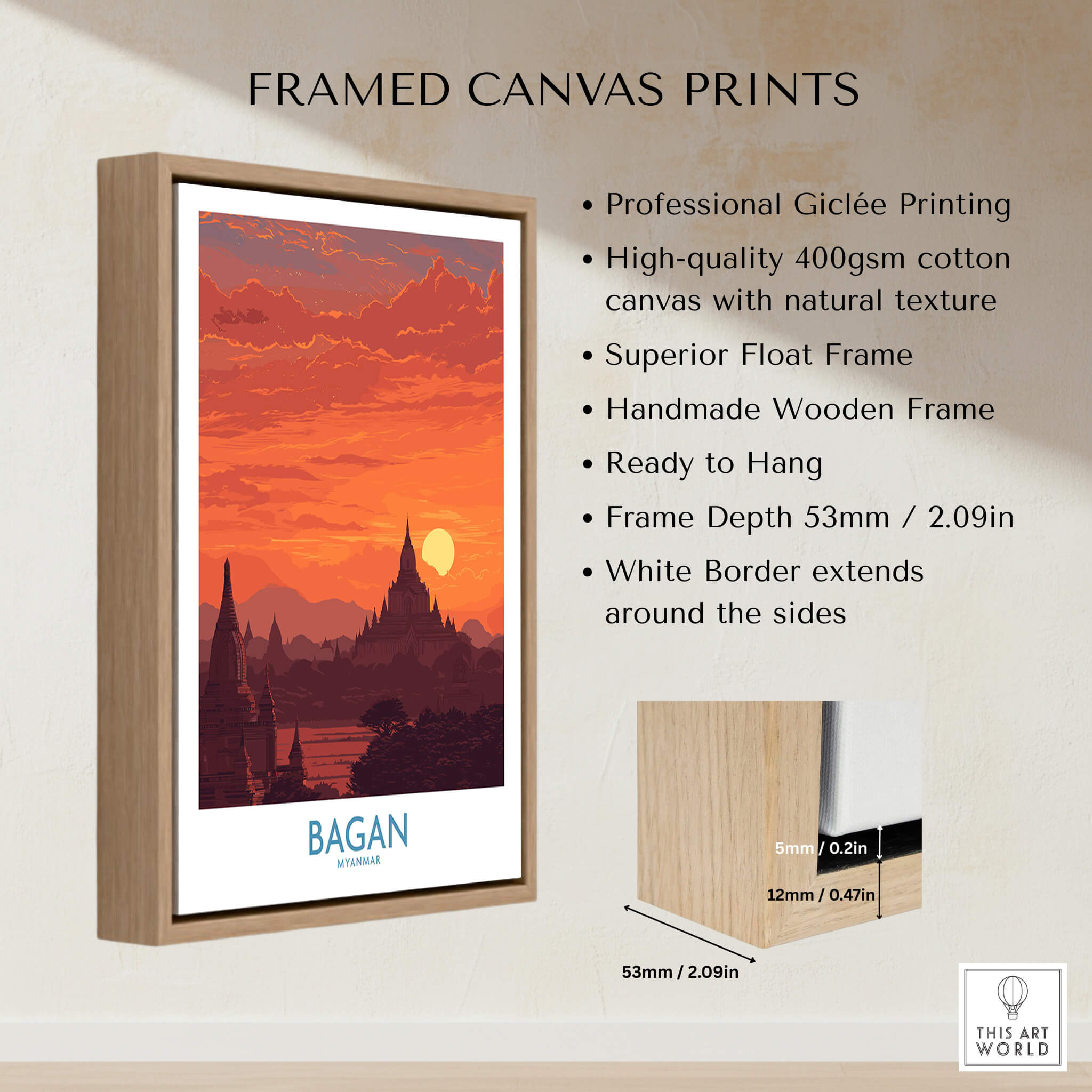 Bagan Myanmar Wall Art – Buddhist Pagoda Skyline Canvas Print framed in a wooden float frame with natural texture.