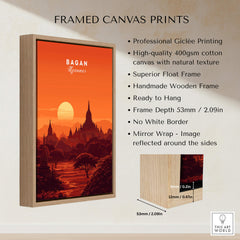Bagan Travel Poster – Minimalist Temple Wall Art framed in handmade wooden frame with sunset backdrop.