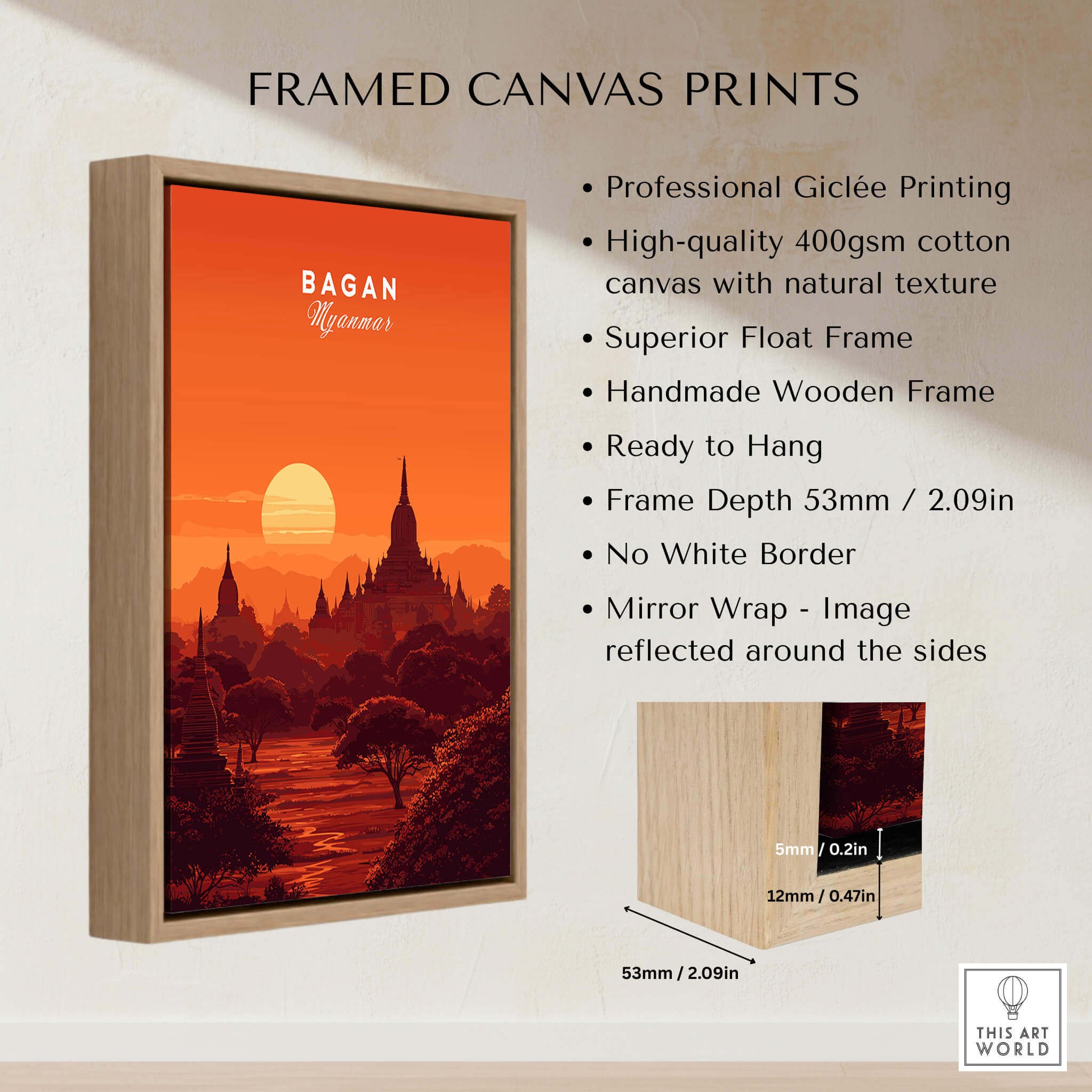 Bagan Travel Poster – Minimalist Temple Wall Art framed in handmade wooden frame with sunset backdrop.