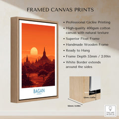 Bagan Myanmar Print – Traditional Pagoda Wall Art framed canvas with sunset view and handmade wooden frame.