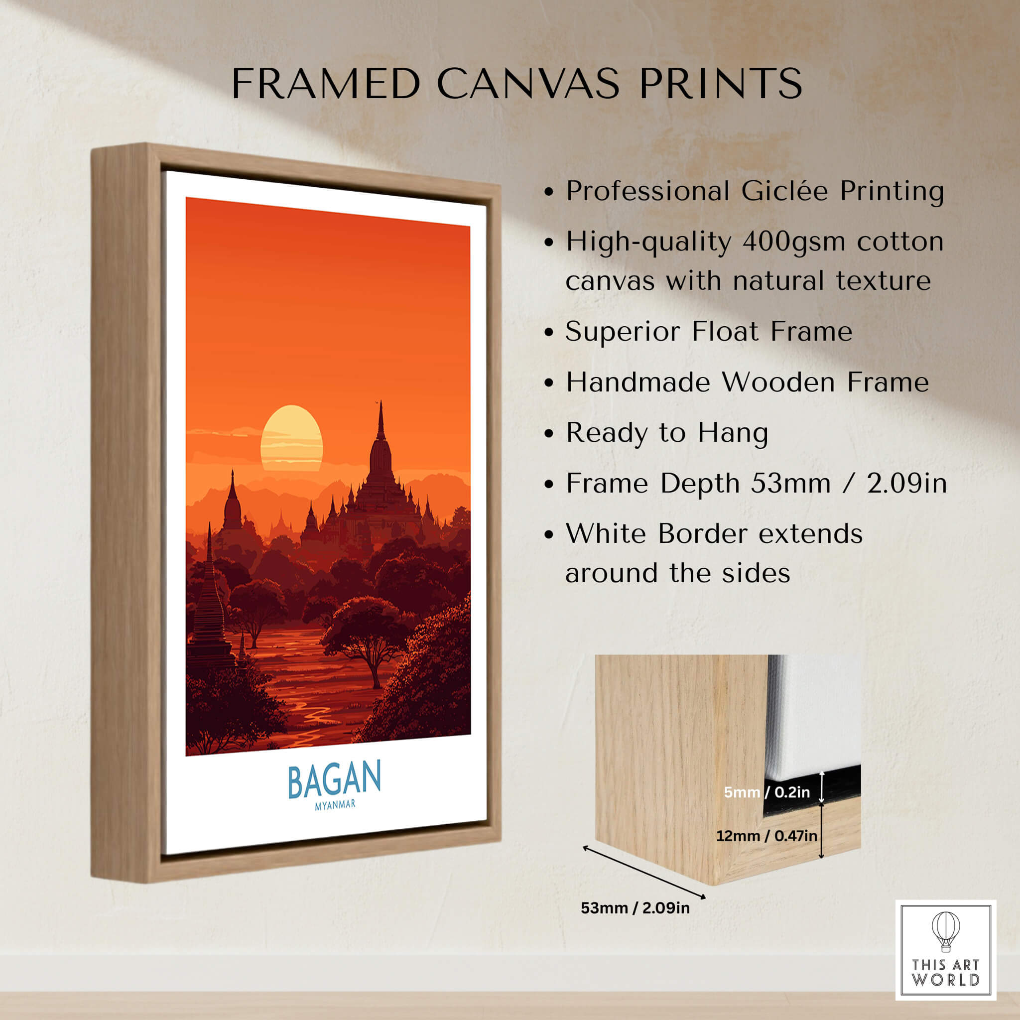 Bagan Myanmar Print – Traditional Pagoda Wall Art framed canvas with sunset view and handmade wooden frame.